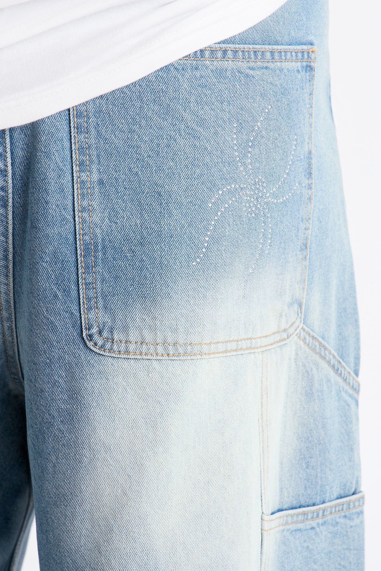 Baggy Jeweled Web Carpenter Denim Short - Light Wash