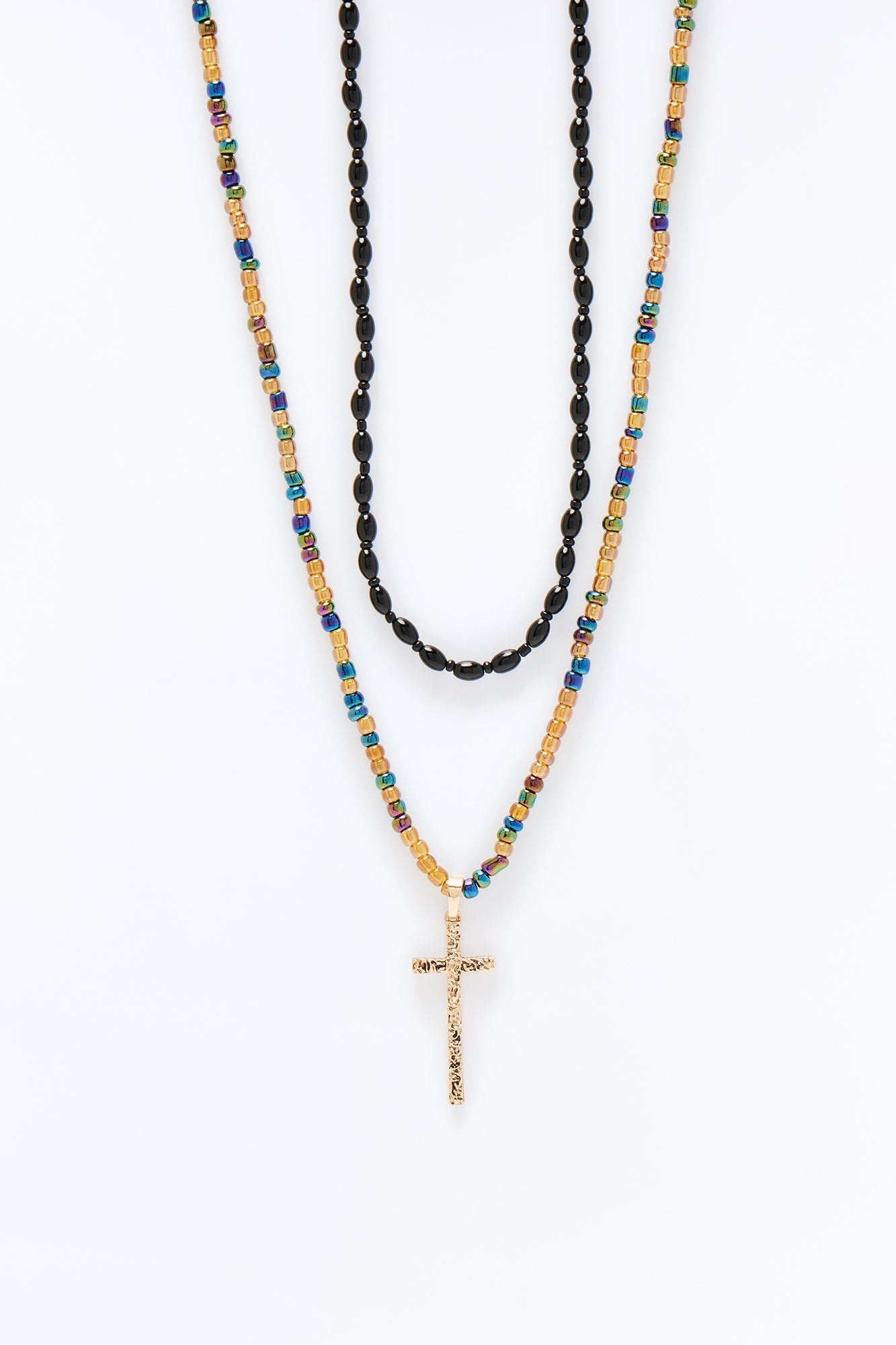 Layered Beaded Cross Necklace Set - Gold/Multi