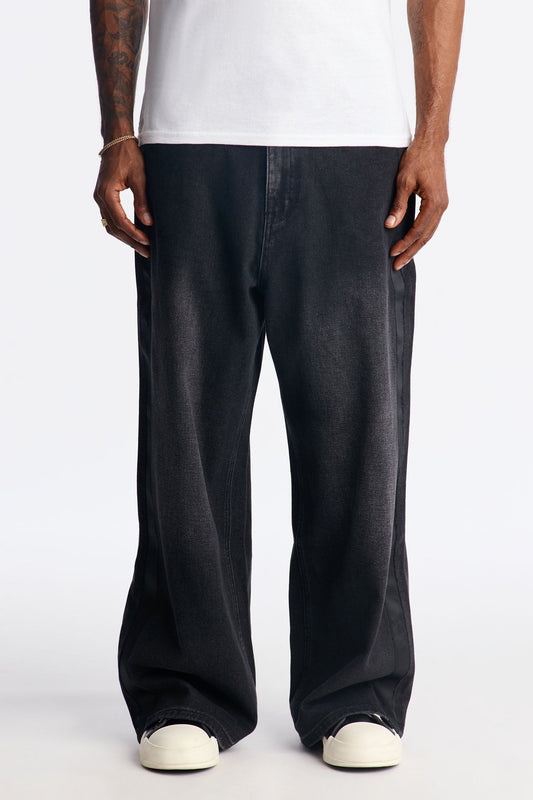 Baggy Wide Leg Tuxedo Stripe Jean - Black Wash