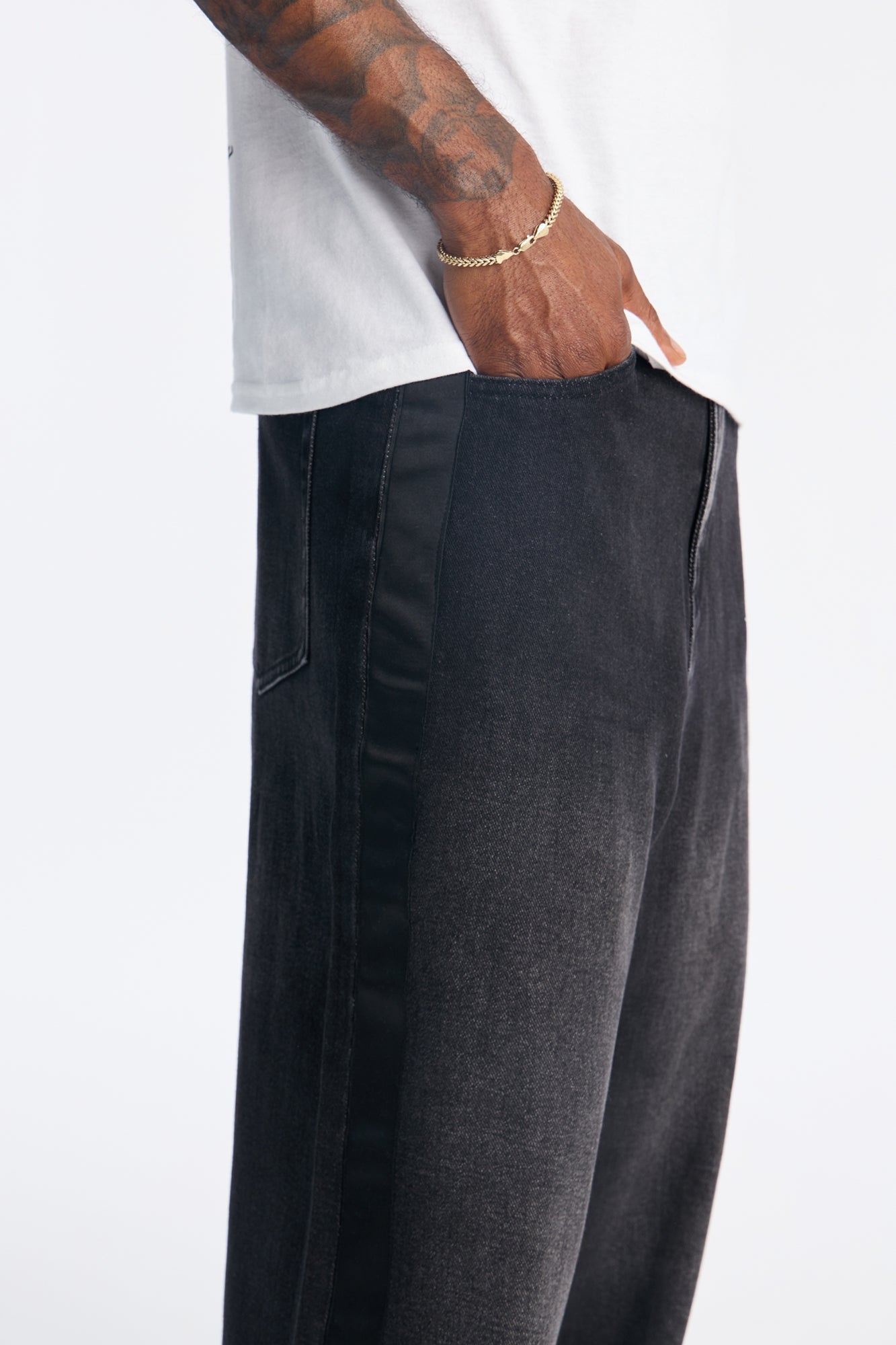 Baggy Wide Leg Tuxedo Stripe Jean - Black Wash