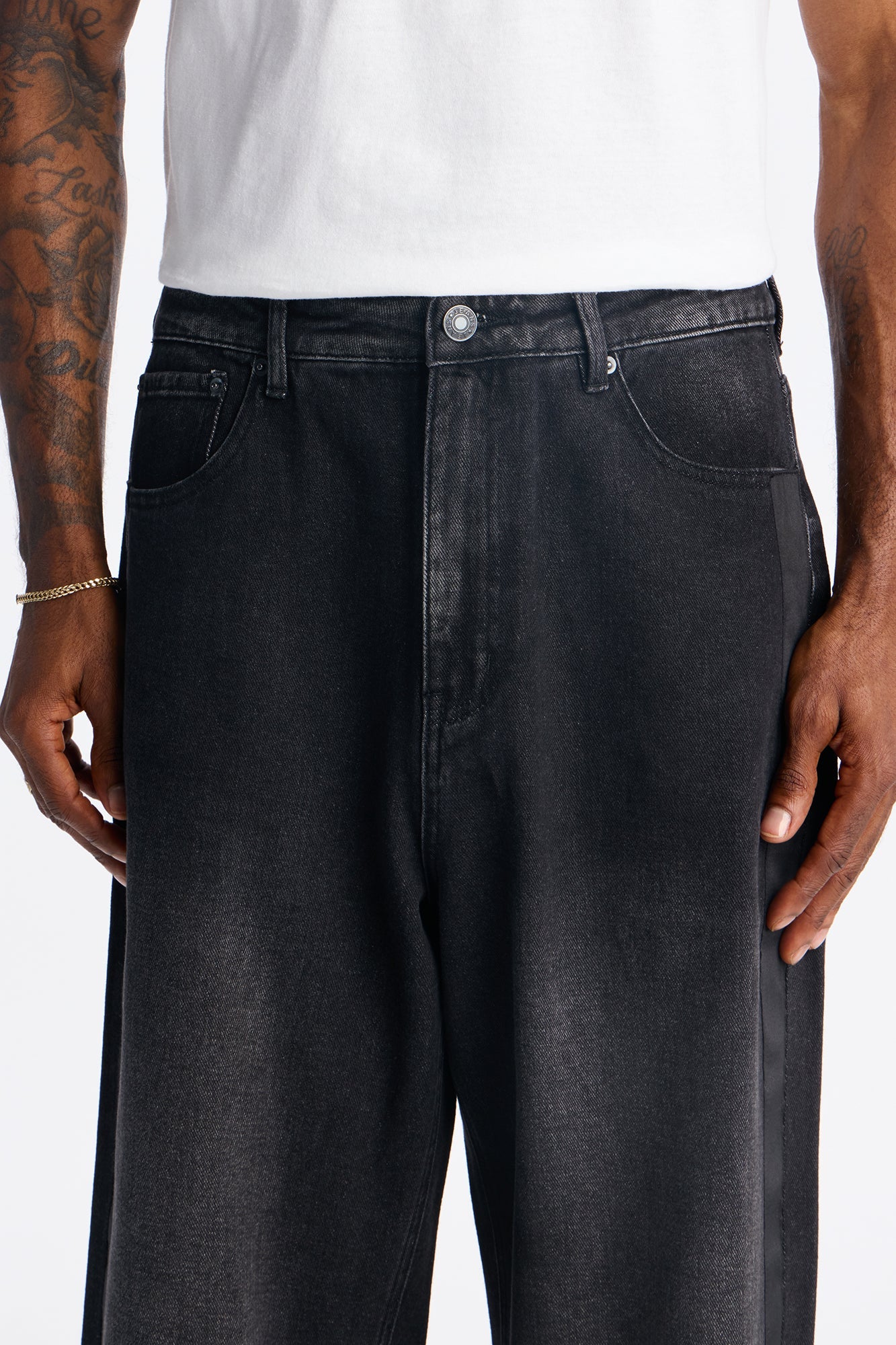 Baggy Wide Leg Tuxedo Stripe Jean - Black Wash