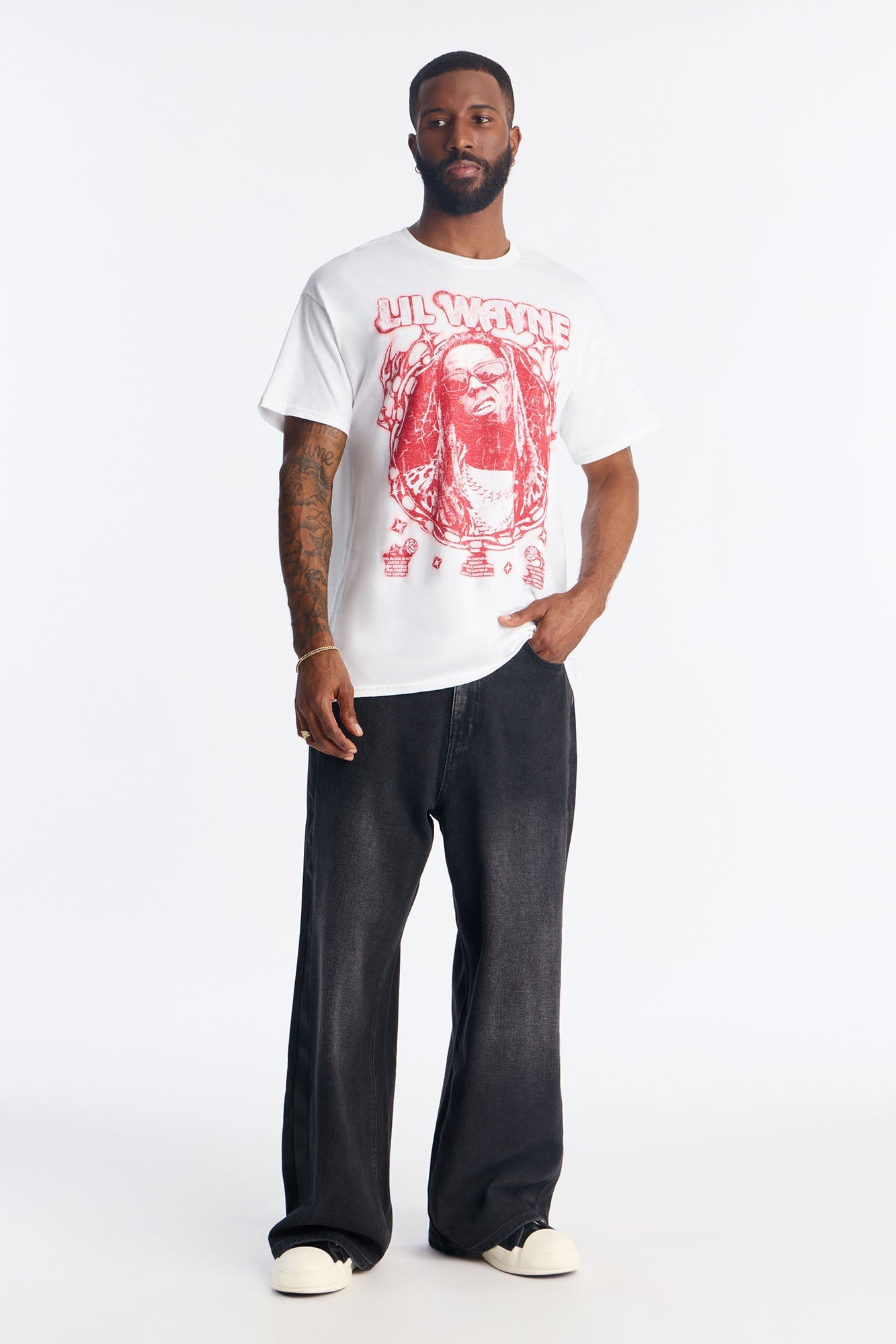 Lil Wayne Red Print Graphic Short Sleeve Tee - White