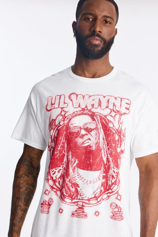 Lil Wayne Red Print Graphic Short Sleeve Tee - White