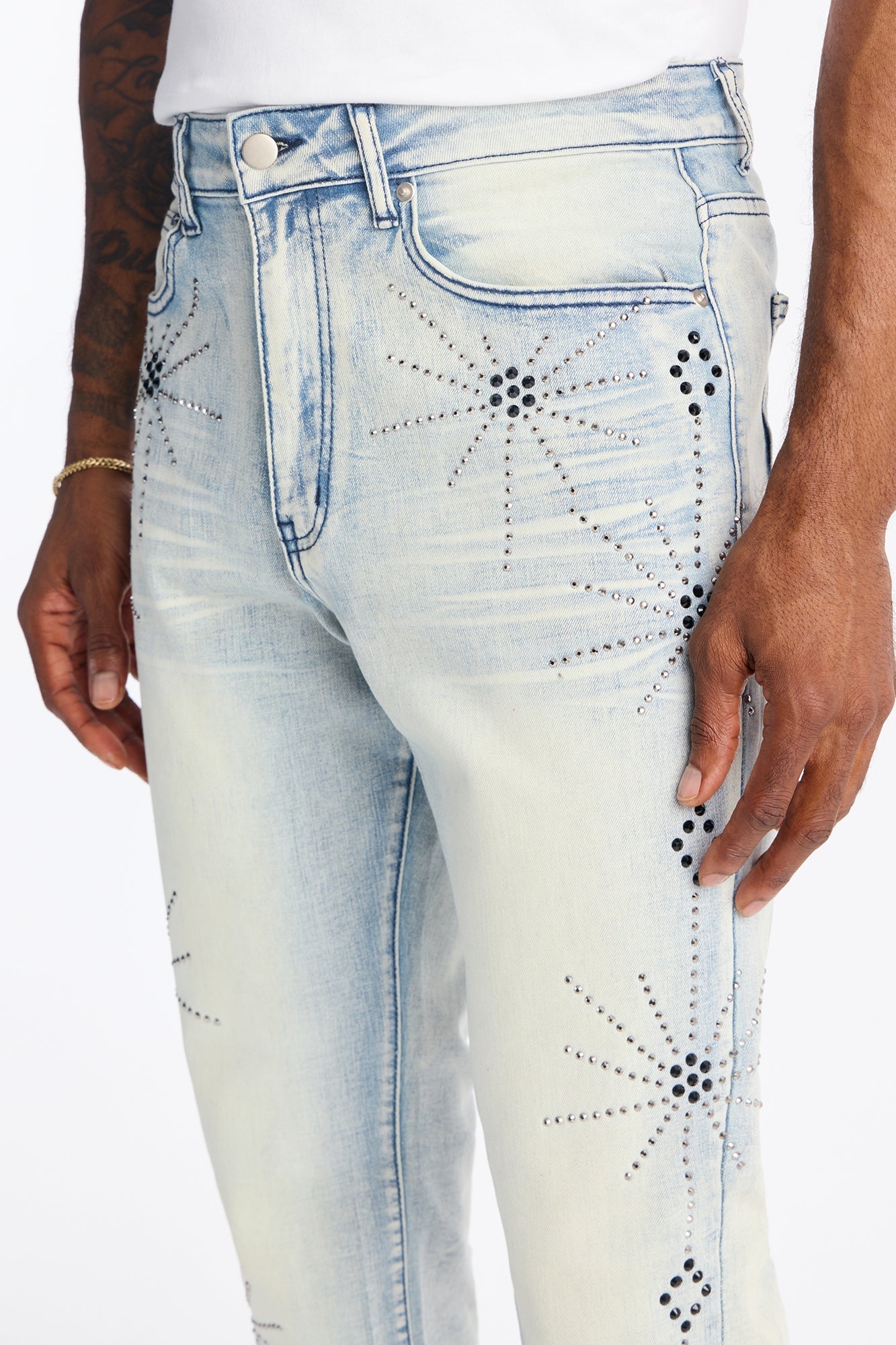 Stacked Skinny Flare Starburst Shine Jeweled Jean - Light Wash