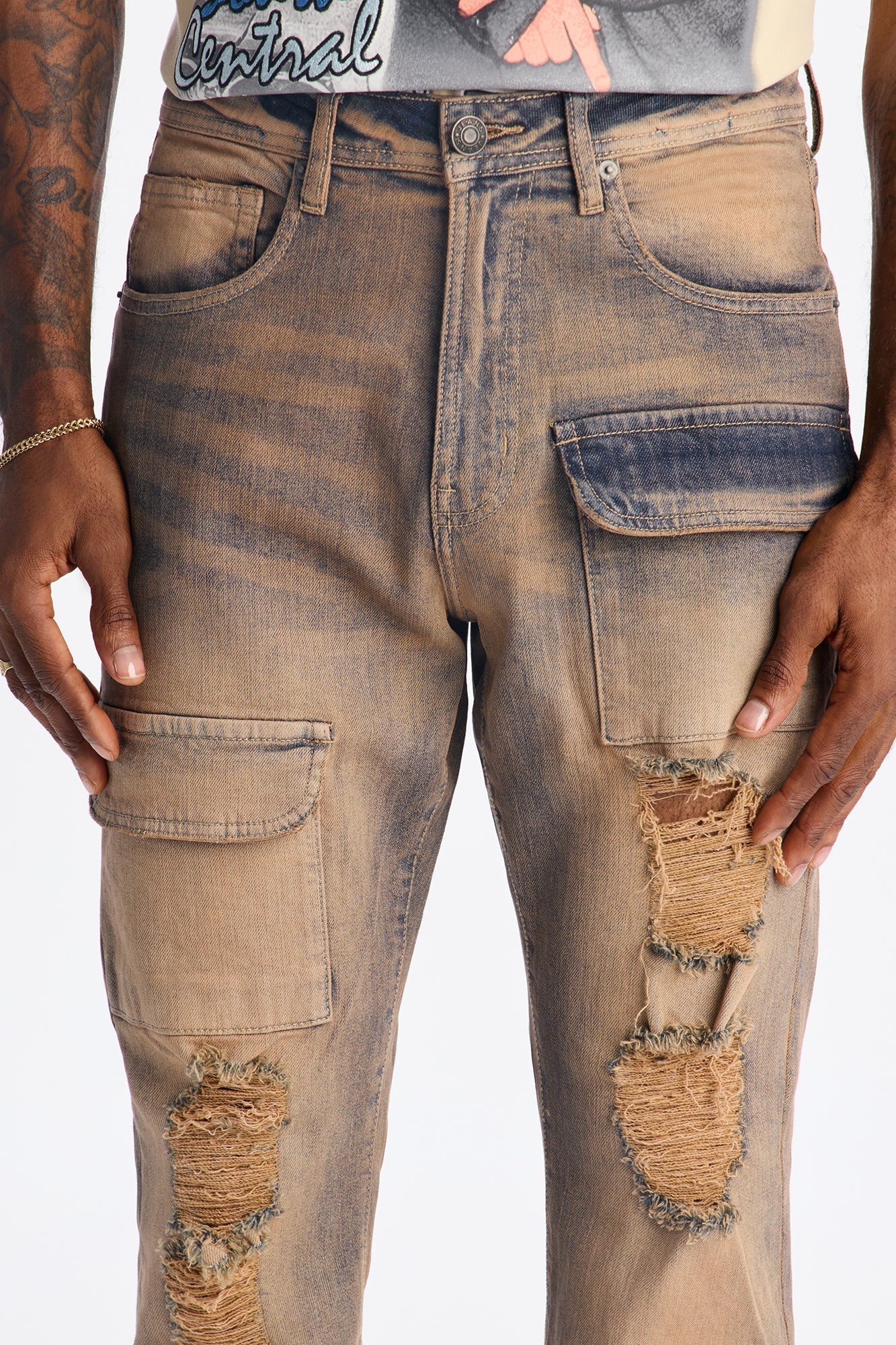 Stacked Skinny Flare No Fear Distressed Cargo Jean - Vintage Wash