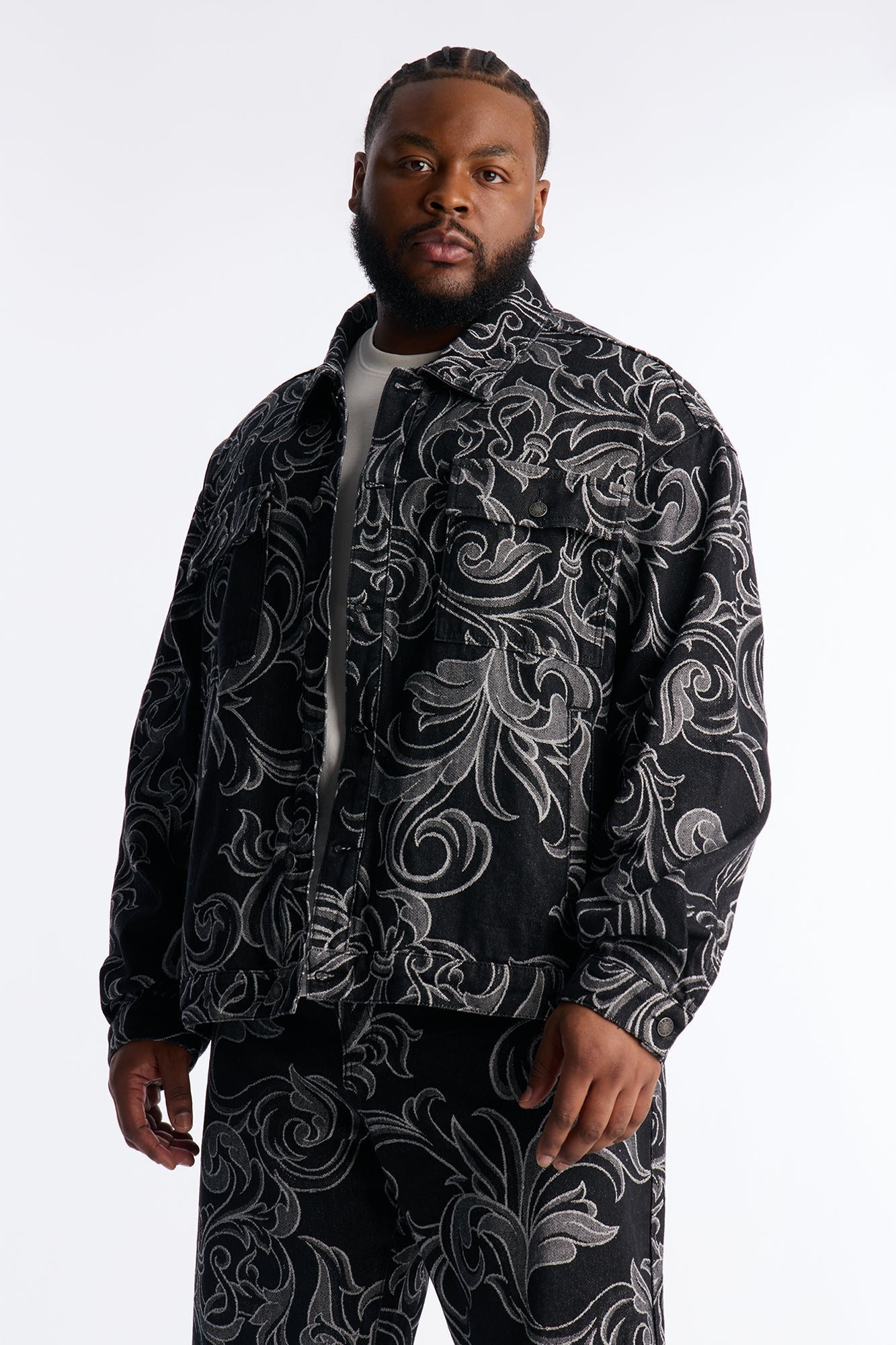 Relaxed Cropped Baroque Jacquard Denim Jacket - Black Wash