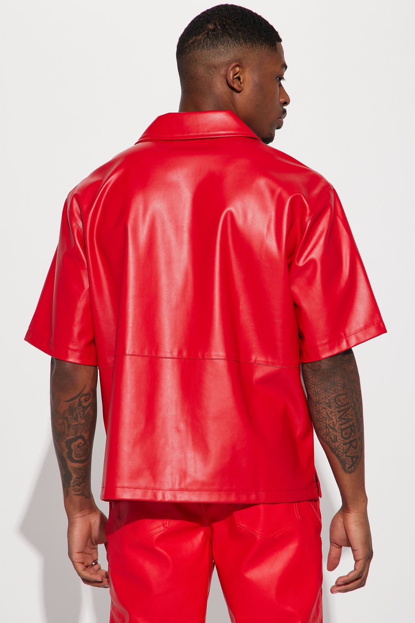Slam Dunk Faux Leather Short Sleeve Button Up - Red