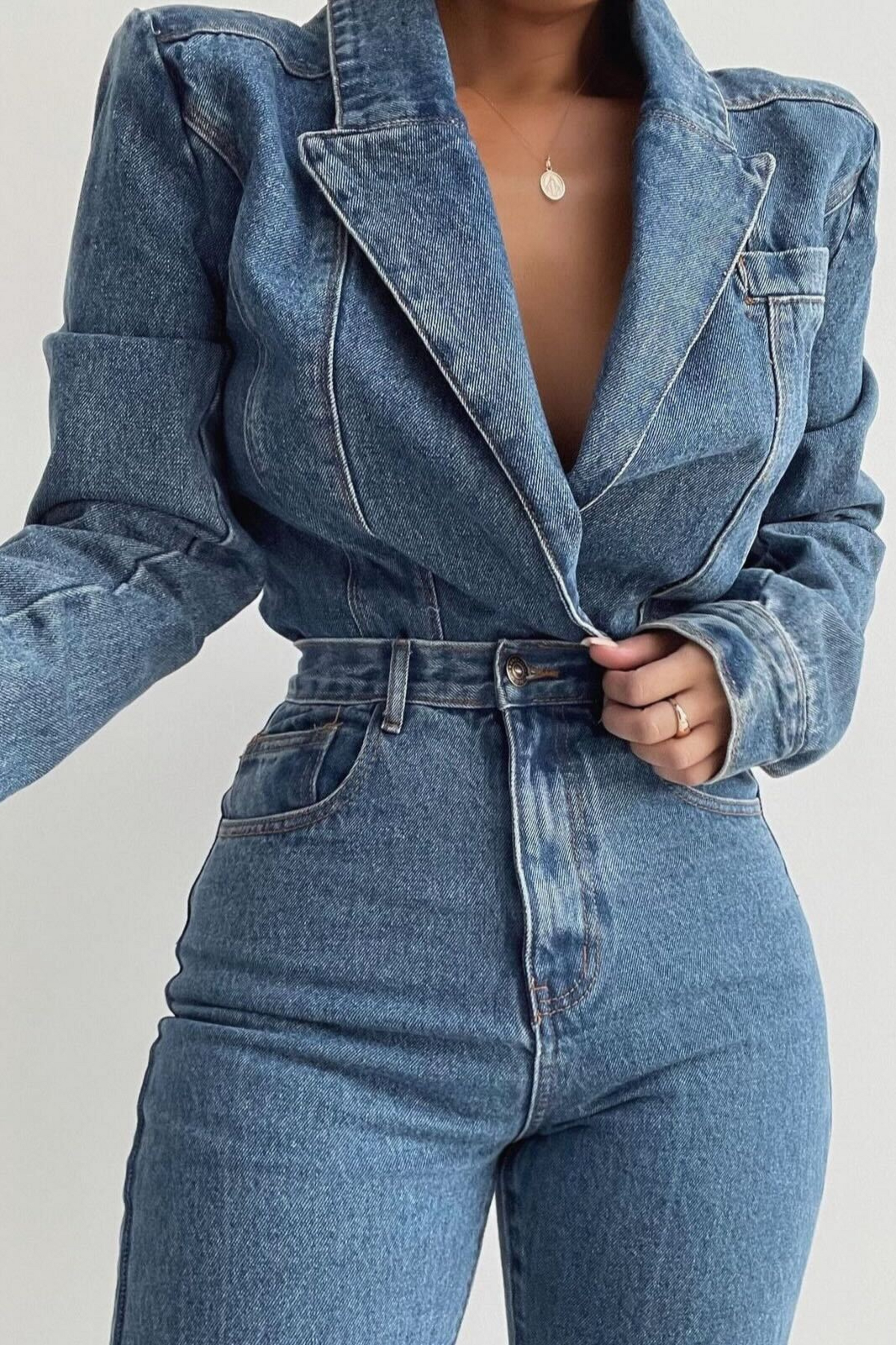 Medium Wash Dominica Structured Denim Bodysuit JLUXLABEL