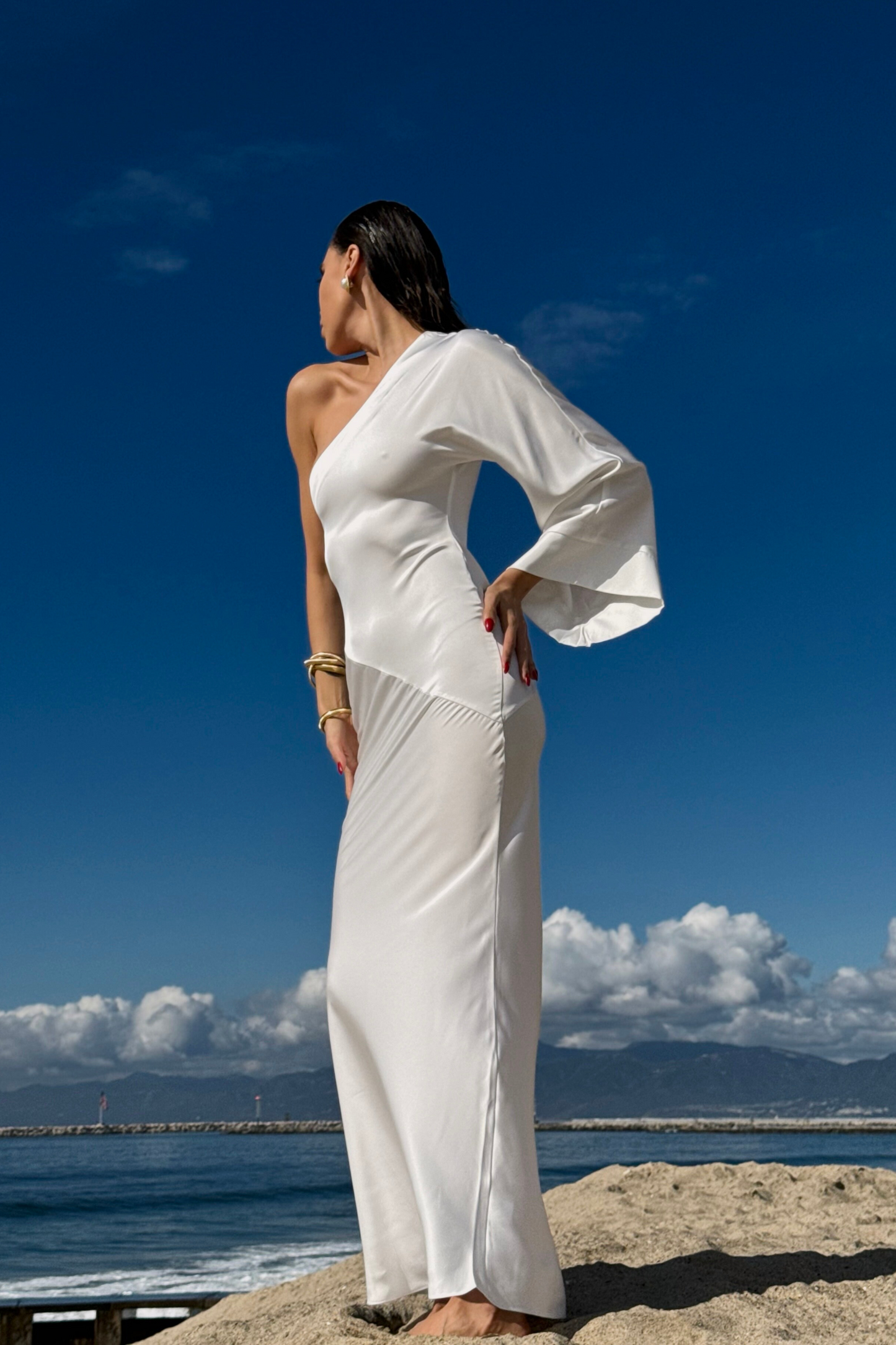 Ivory Femme Drape Maxi Dress JLUXLABEL