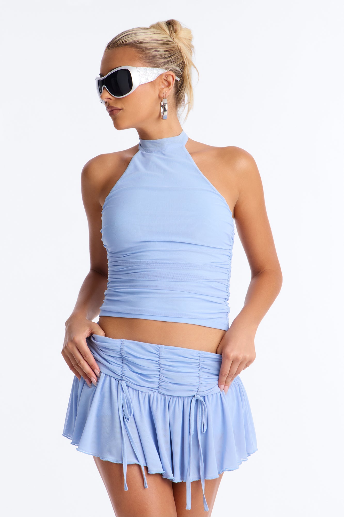 Amaya Mesh Halter Mini Skirt Set - Blue Fashion Nova
