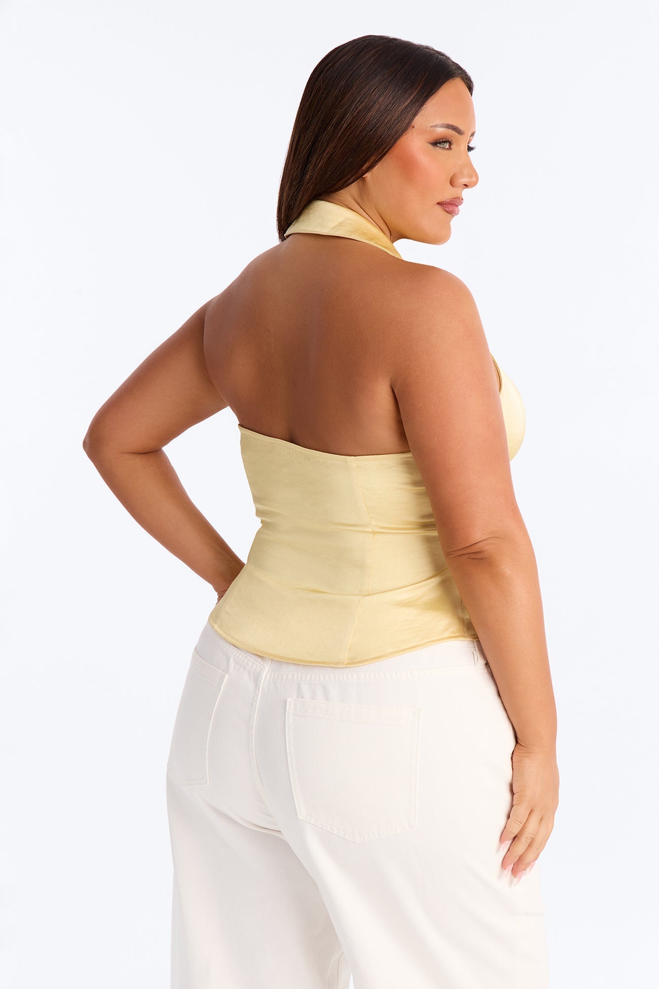 Simply That Girl Lace Up Satin Halter Top - Yellow NEWFASHIONEDGE