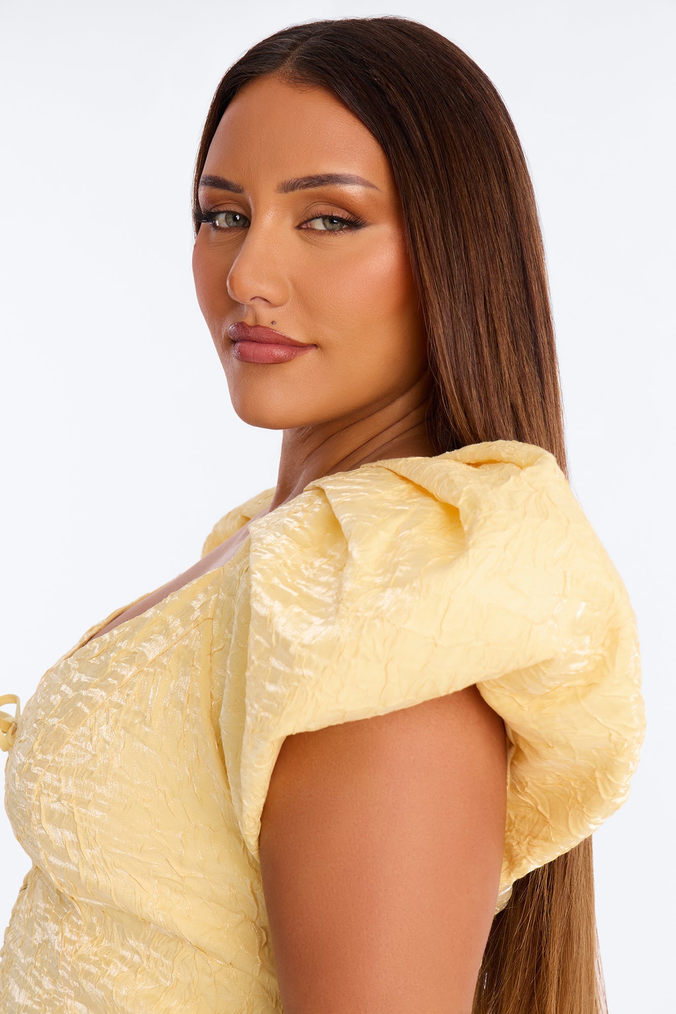 Royal Attitude Puff Sleeve Lace Up Top - Butter Yellow