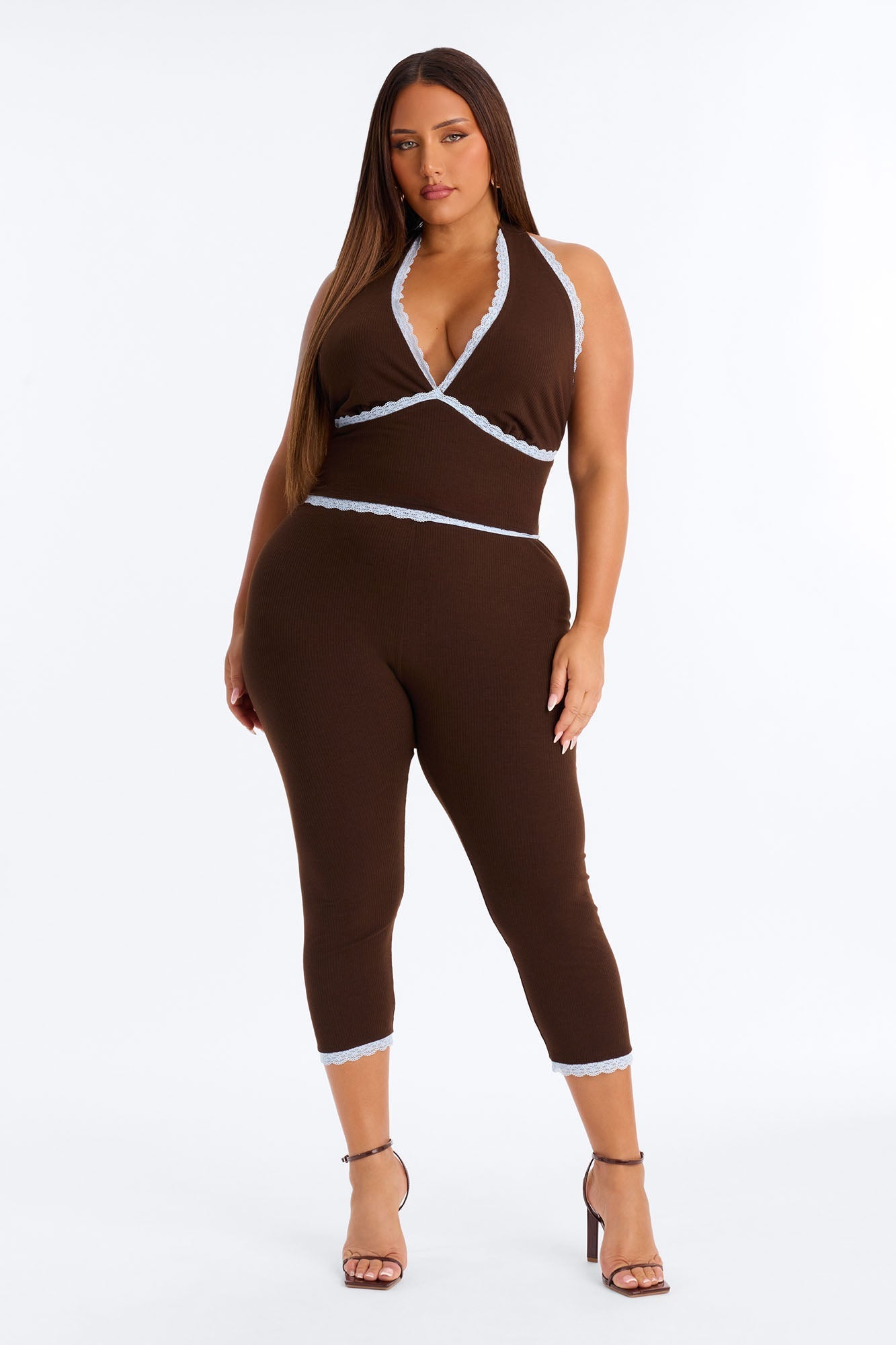 Your's Truly Halter Laced Ribbed Capri Set - Chocolate/Combo