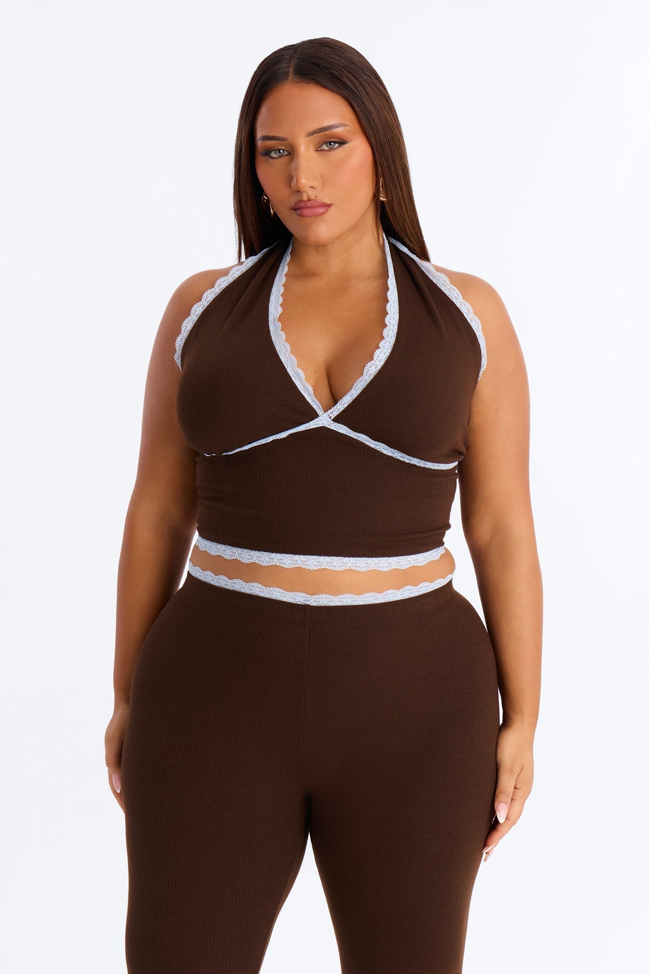 Your's Truly Halter Laced Ribbed Capri Set - Chocolate/Combo
