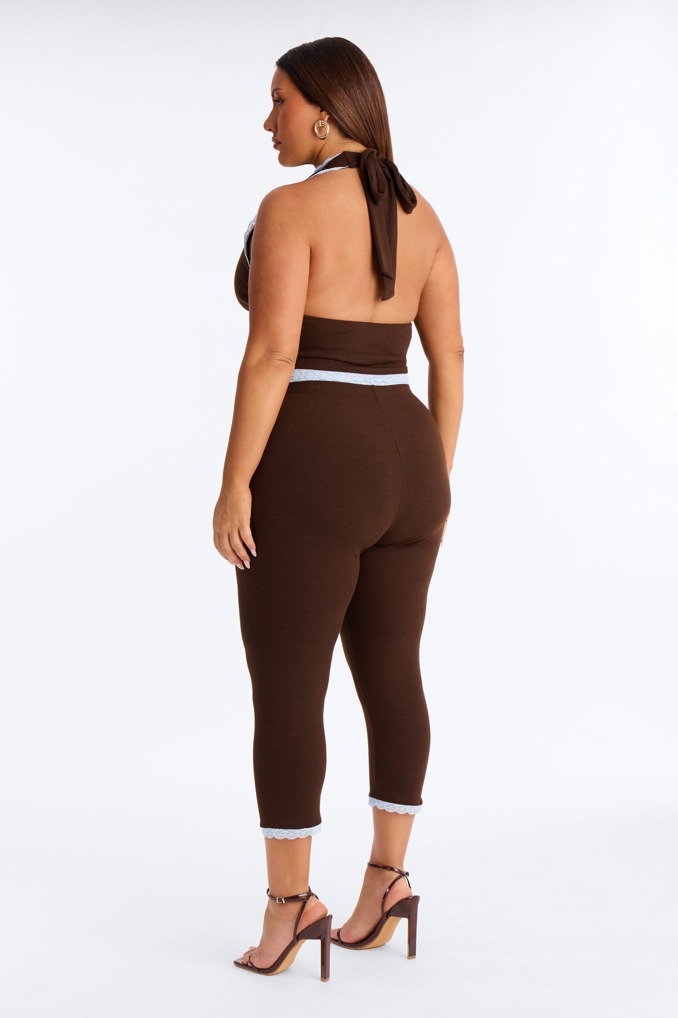 Your's Truly Halter Laced Ribbed Capri Set - Chocolate/Combo