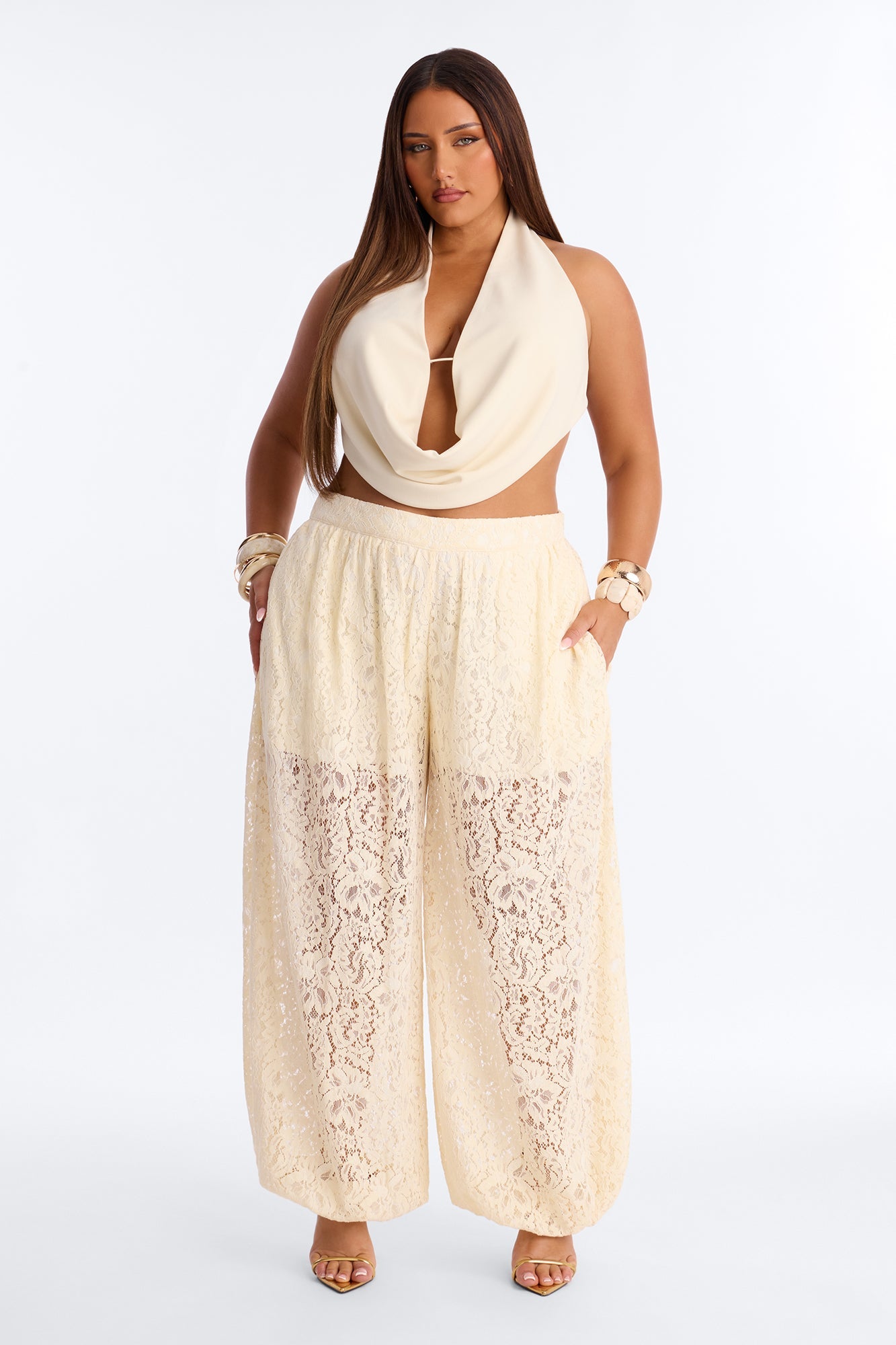 Barely A Secret Sheer Lace Balloon Pant 30″ - Ivory Fashion Nova