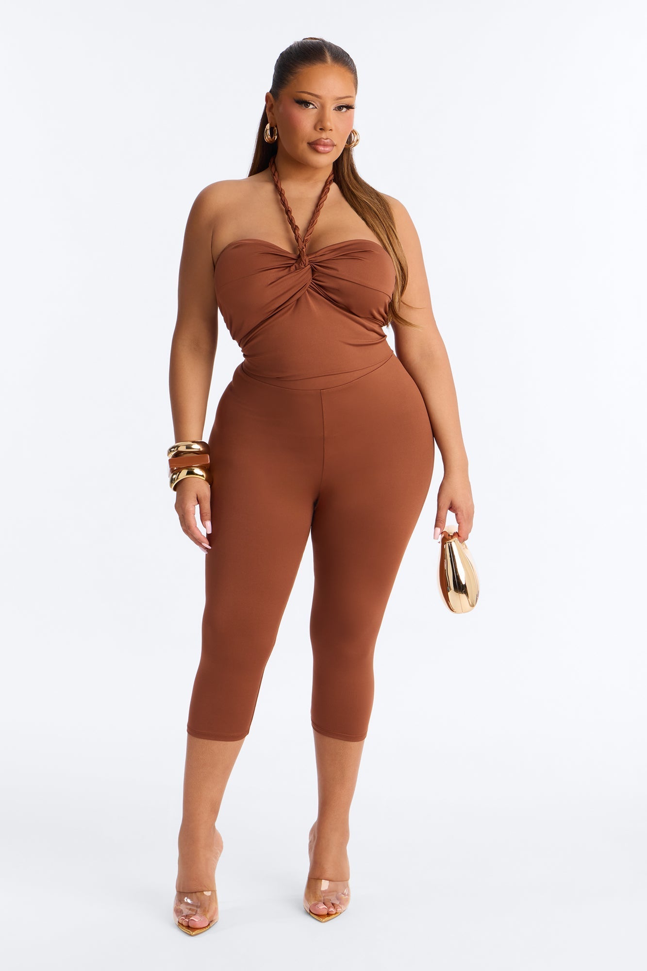 Bianca Braided Halter Capri Set - Brown NEWFASHIONEDGE