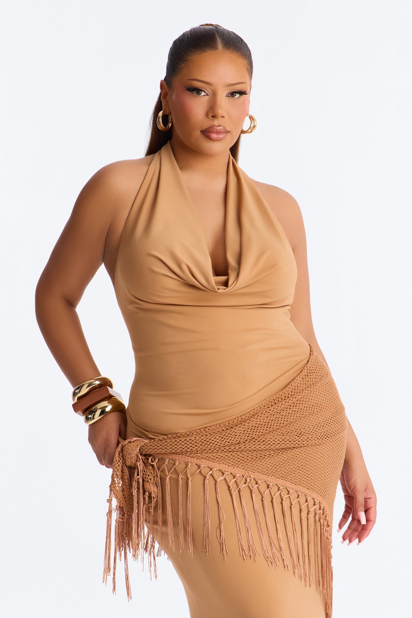 Santorini 2 Piece Fringe Scarf Maxi Dress - Camel