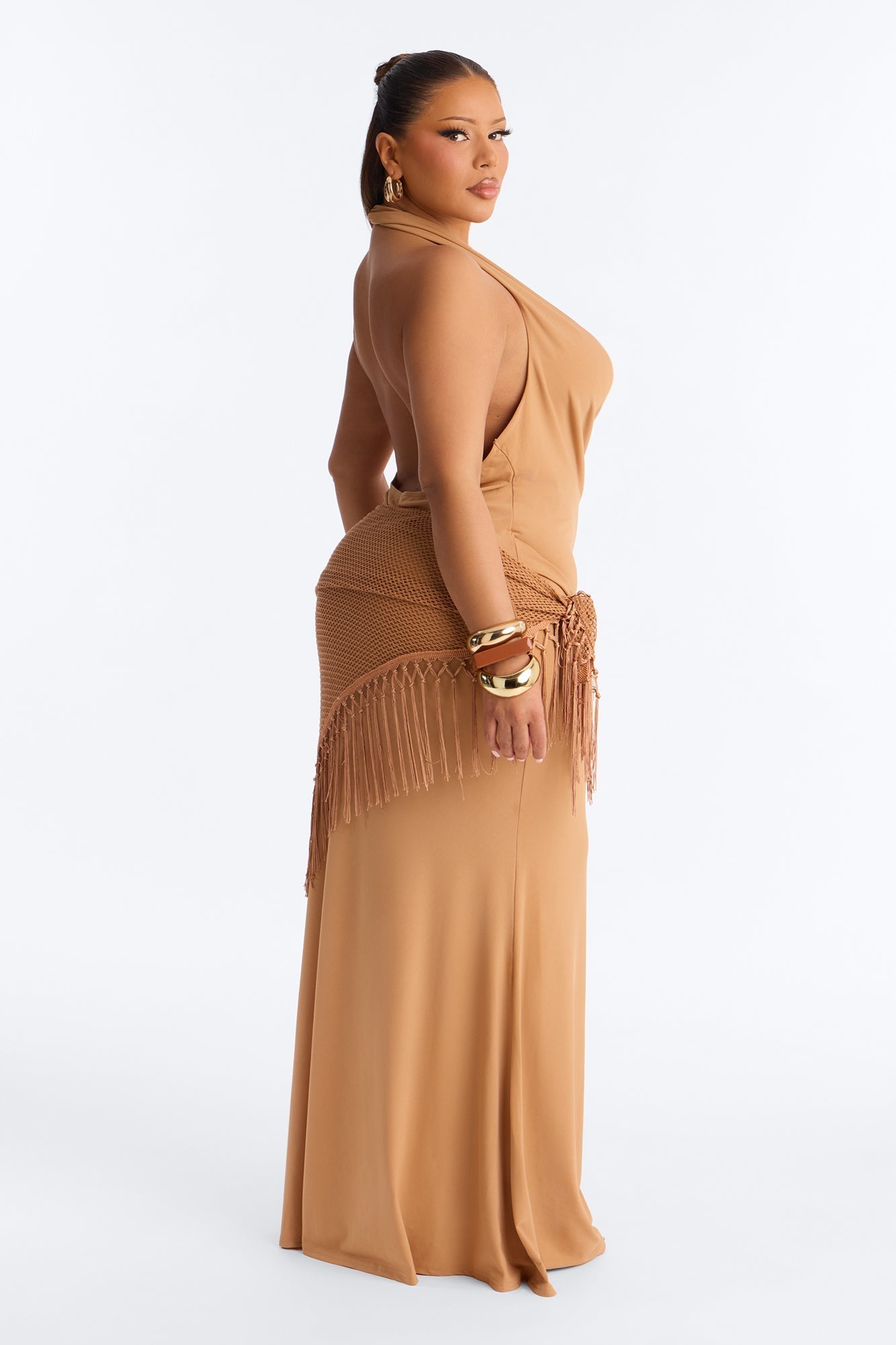 Santorini 2 Piece Fringe Scarf Maxi Dress - Camel NEWFASHIONEDGE