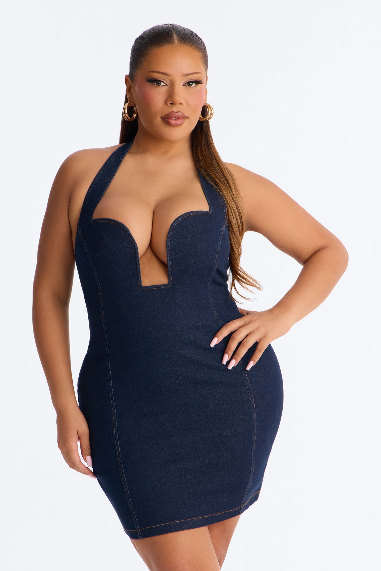 Jae Rae Halter Stretch Denim Micro Mini Dress - Dark Wash NEWFASHIONEDGE