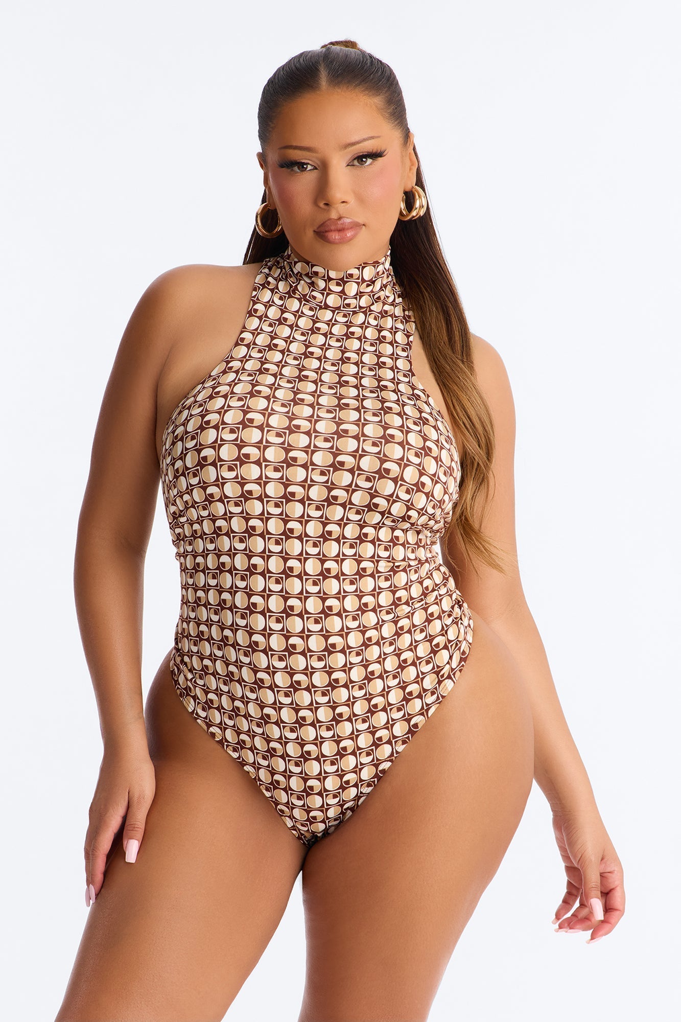 Retro Baddie Mock Neck Sleeveless Bodysuit - Brown/combo NEWFASHIONEDGE