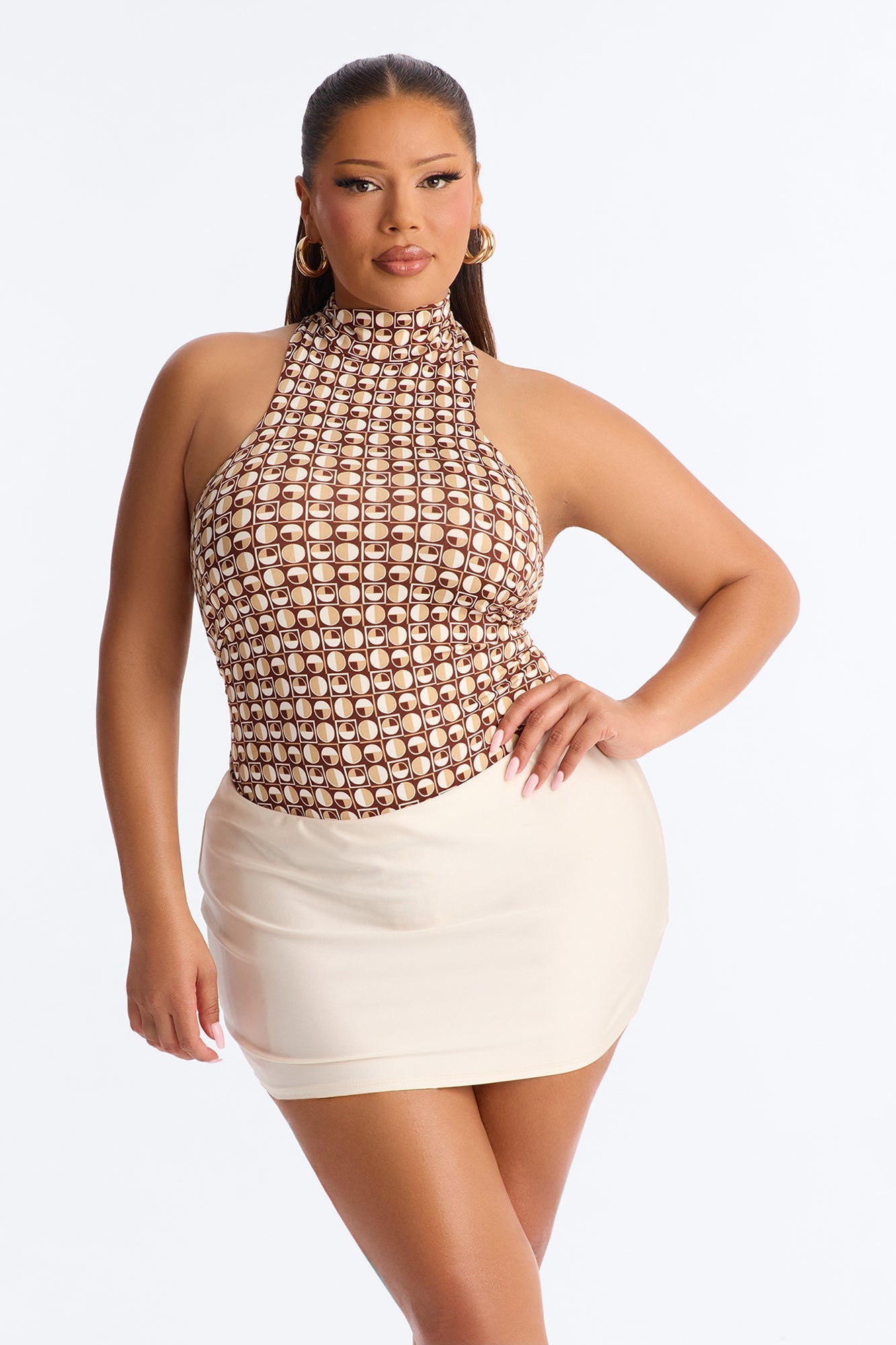 Retro Baddie Mock Neck Sleeveless Bodysuit - Brown/combo NEWFASHIONEDGE