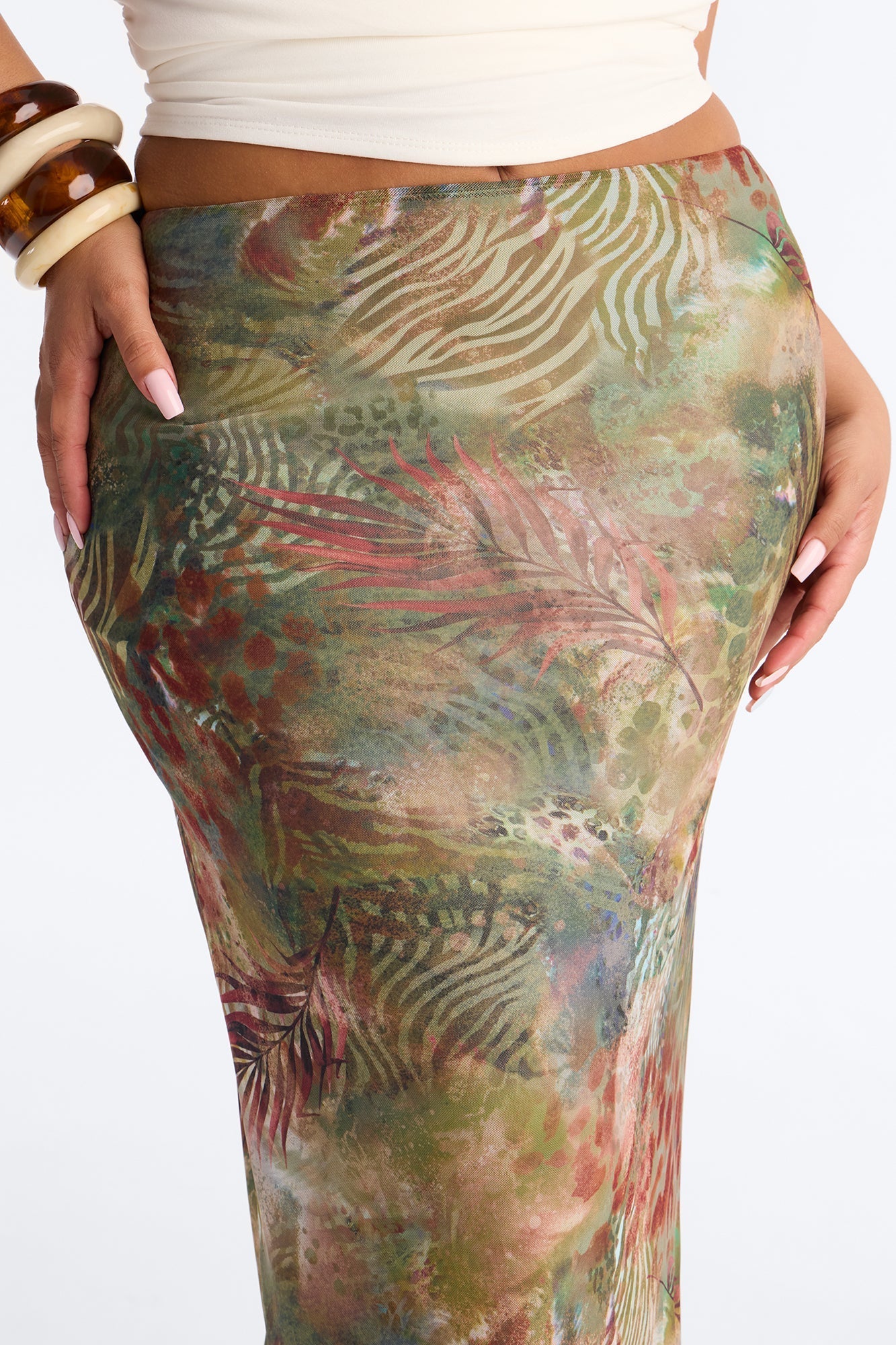 Tropical Bloom Mesh Maxi Skirt - Green/combo NEWFASHIONEDGE