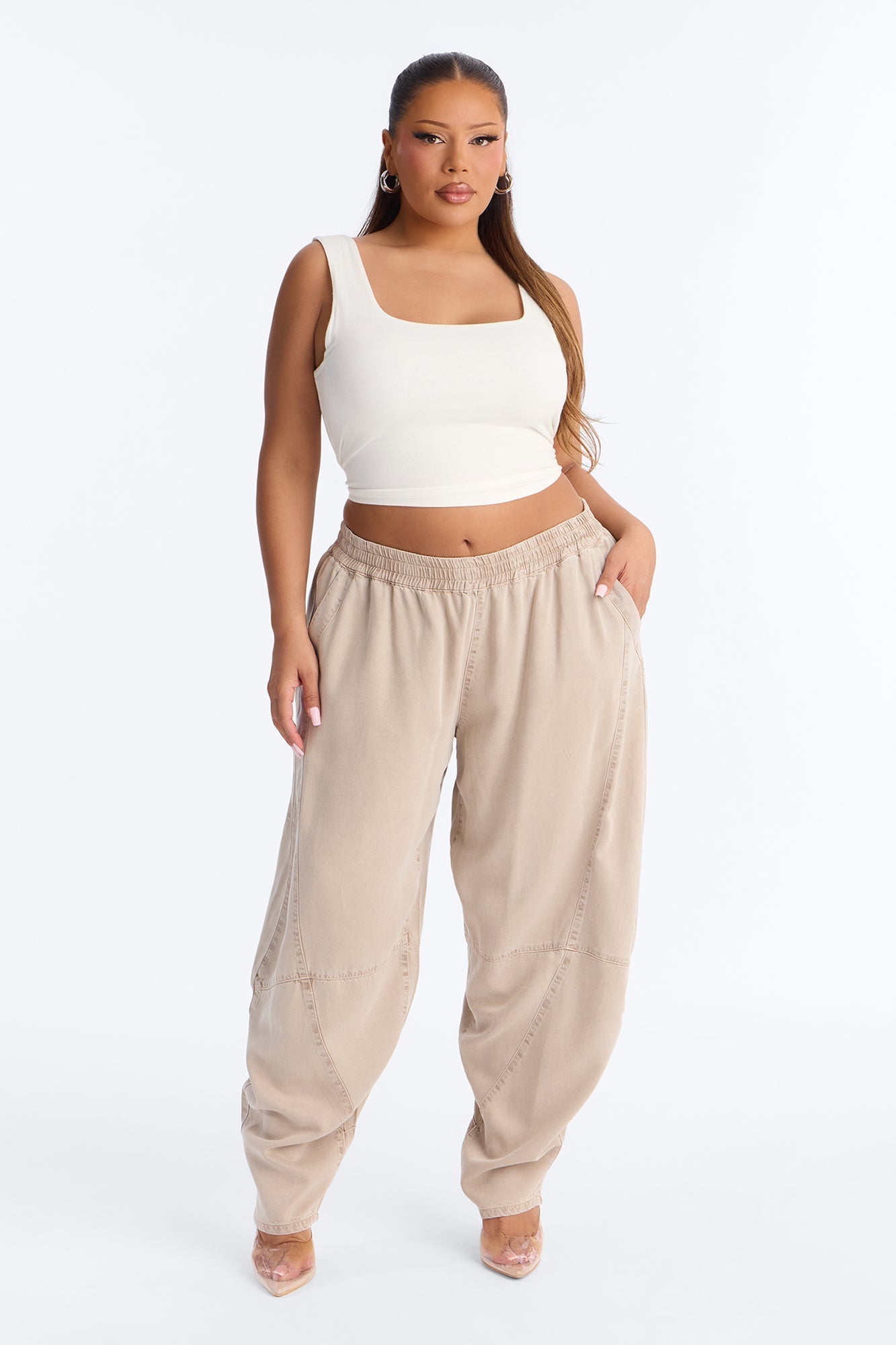 Jeannie Mid Rise Washed Barrel Pants - Stone NEWFASHIONEDGE