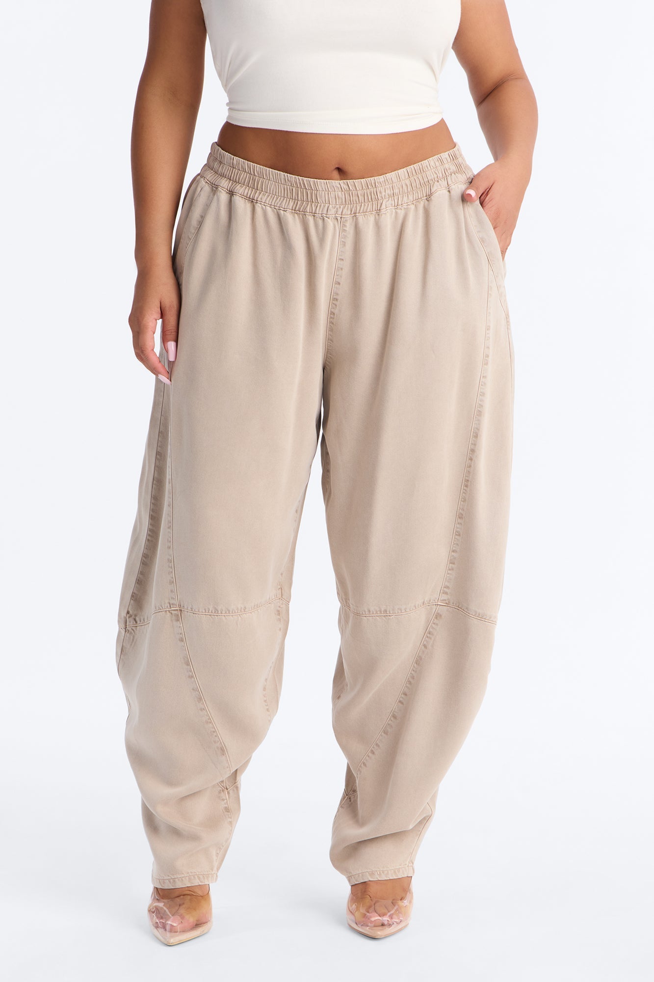 Jeannie Mid Rise Washed Barrel Pants - Stone NEWFASHIONEDGE