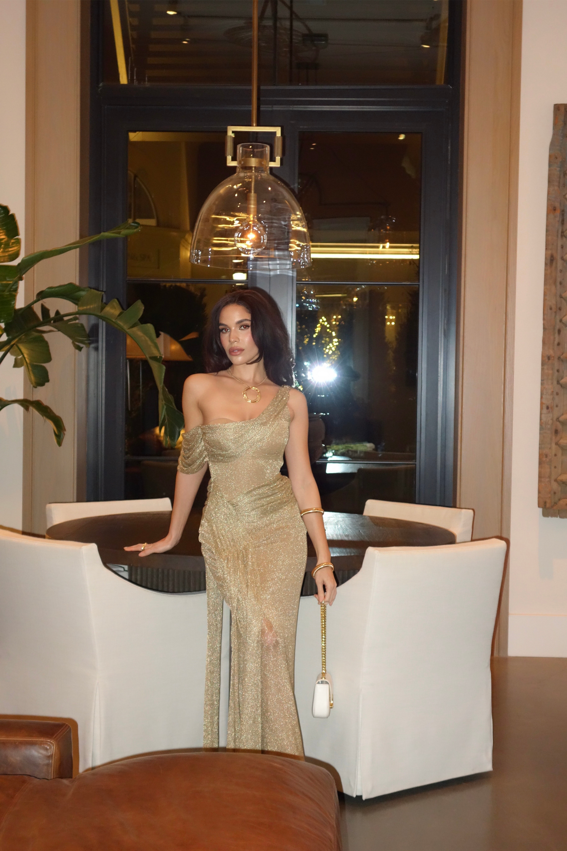 Gold Draped Metallic Maxi Dress JLUXLABEL