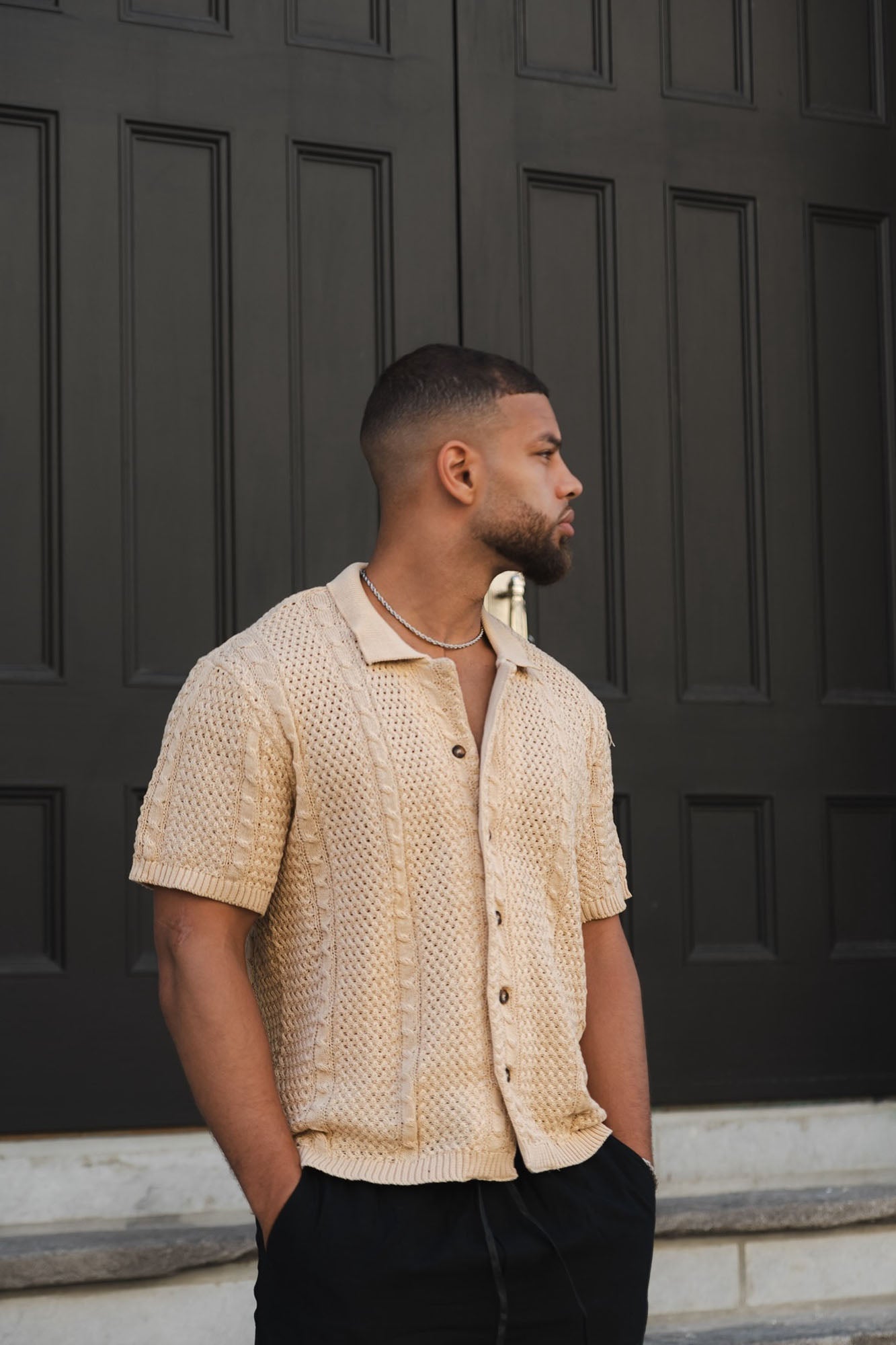 Unwind Cable Knit Short Sleeve Button Up - Oatmeal