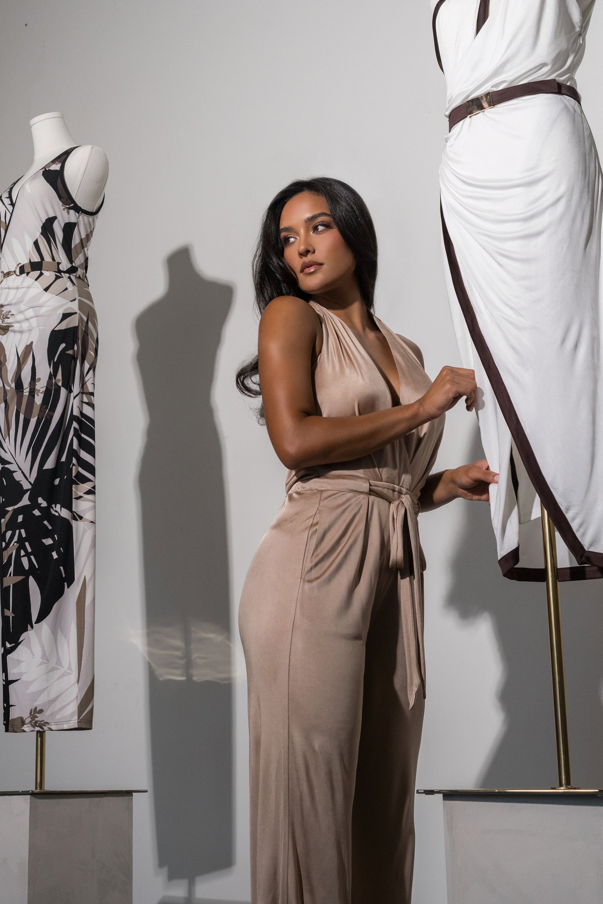 Beige Slinky Halter Belted Jumpsuit JLUXLABEL