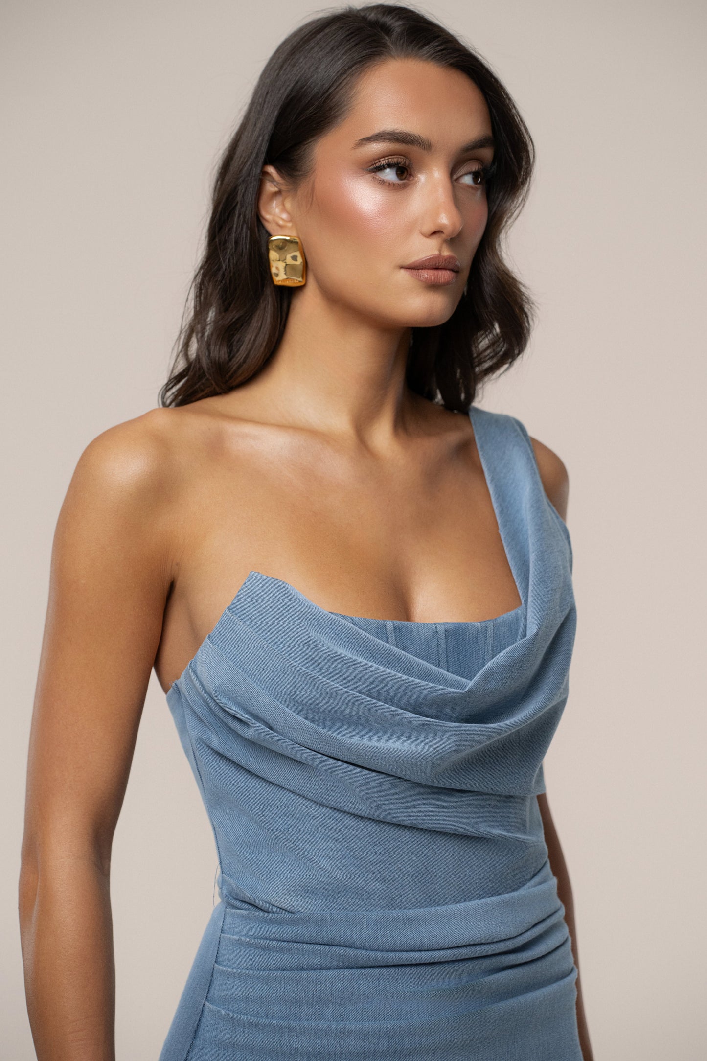 Medium Wash Denim Krishna One Shoulder Maxi Dress JLUXLABEL