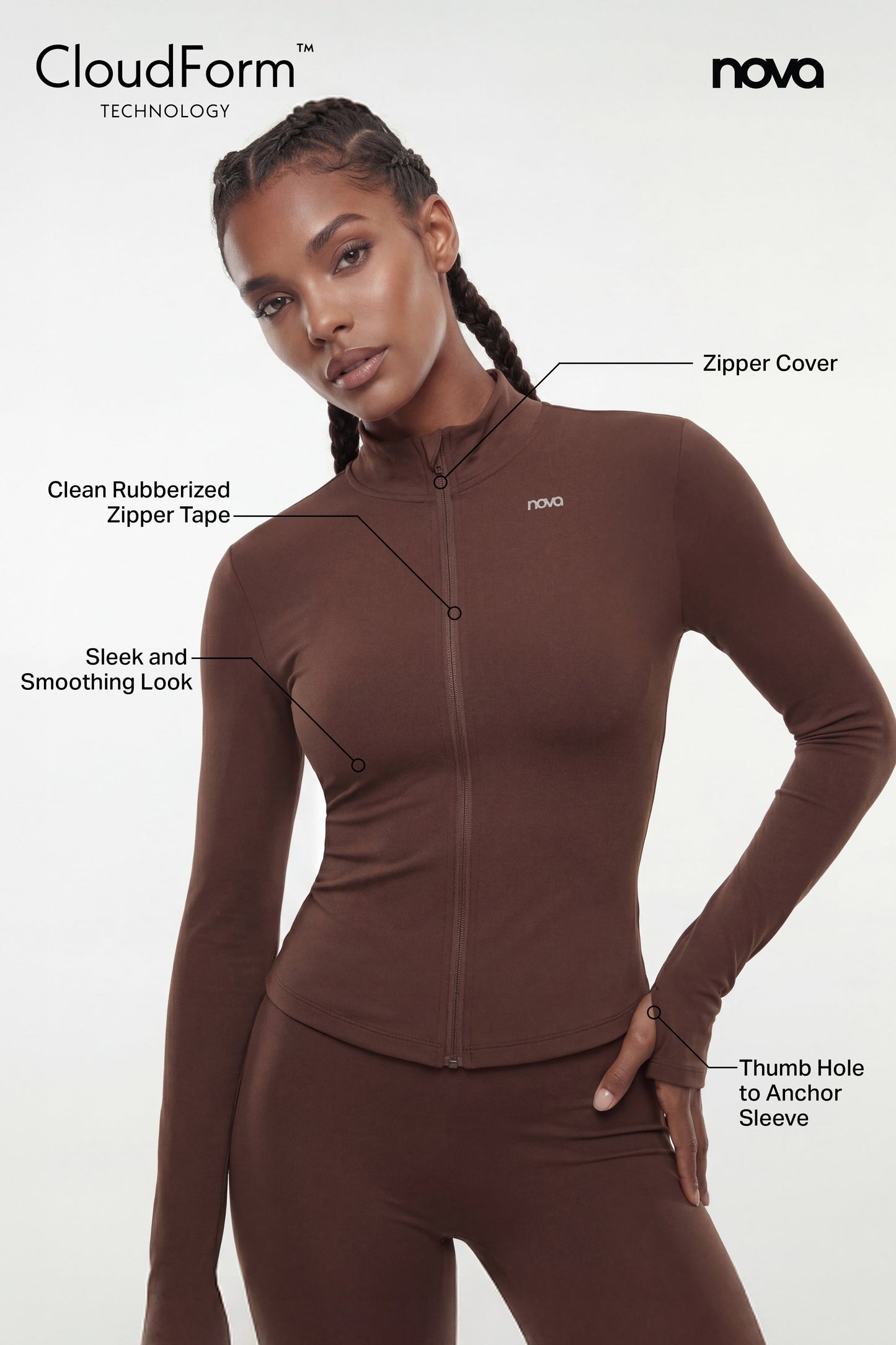 CloudForm™ Long Sleeve Full Zip Jacket - Brown NEWFASHIONEDGE