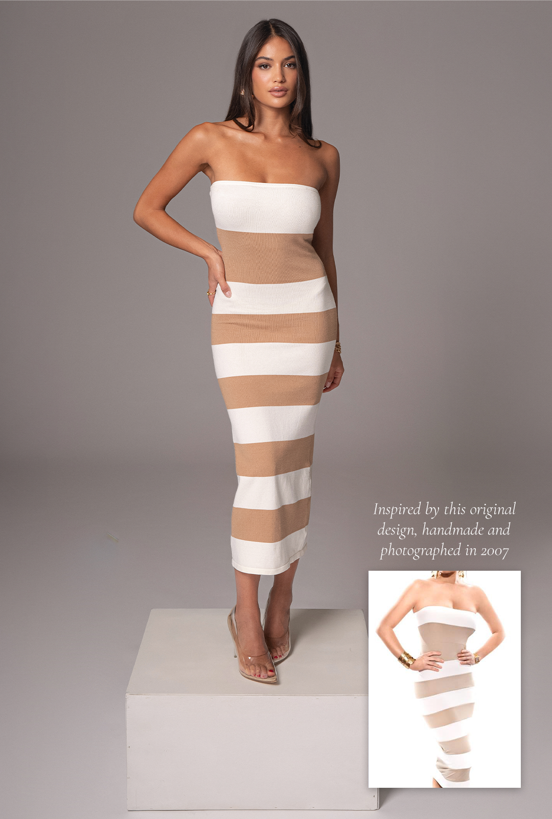 Ivory/Beige Striped Strapless Midi Dress JLUXLABEL