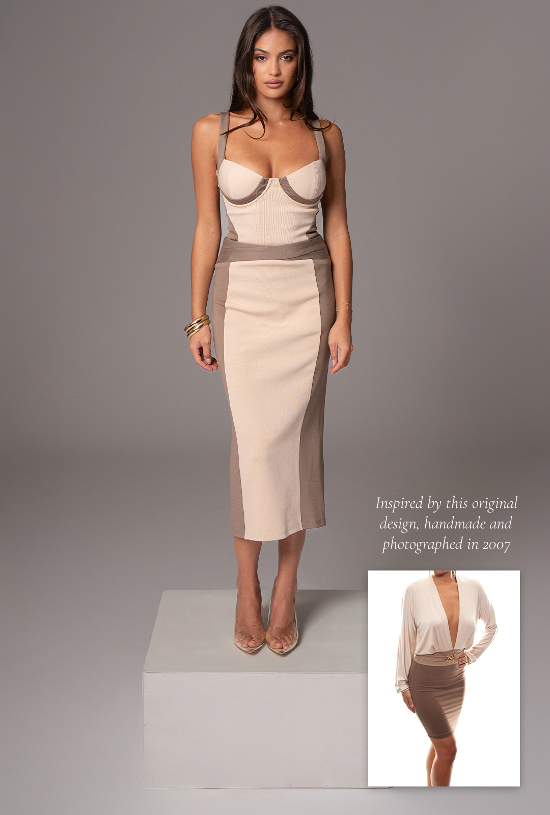 Taupe/Tan Celebration Colorblock Midi Skirt JLUXLABEL
