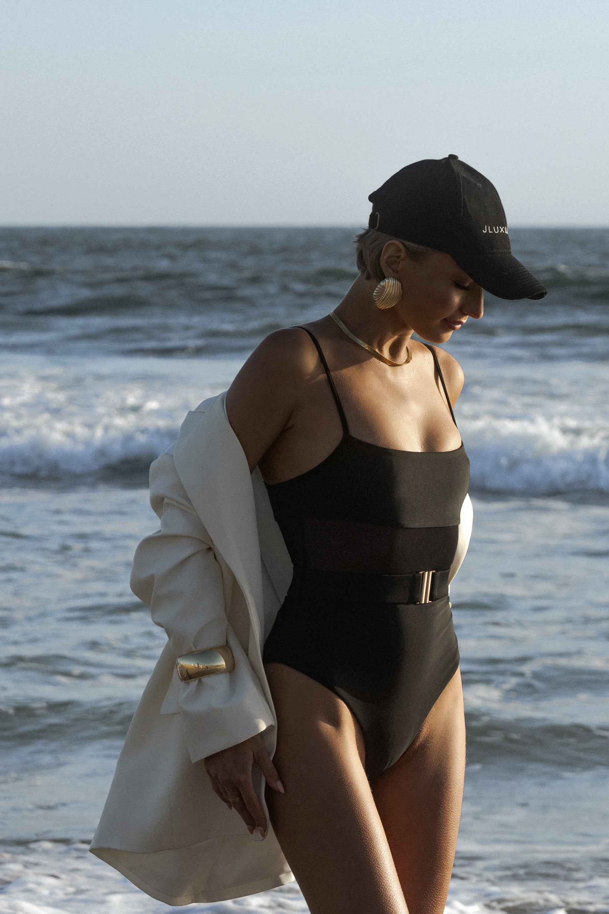 Black Solare Belted Swimsuit JLUXLABEL