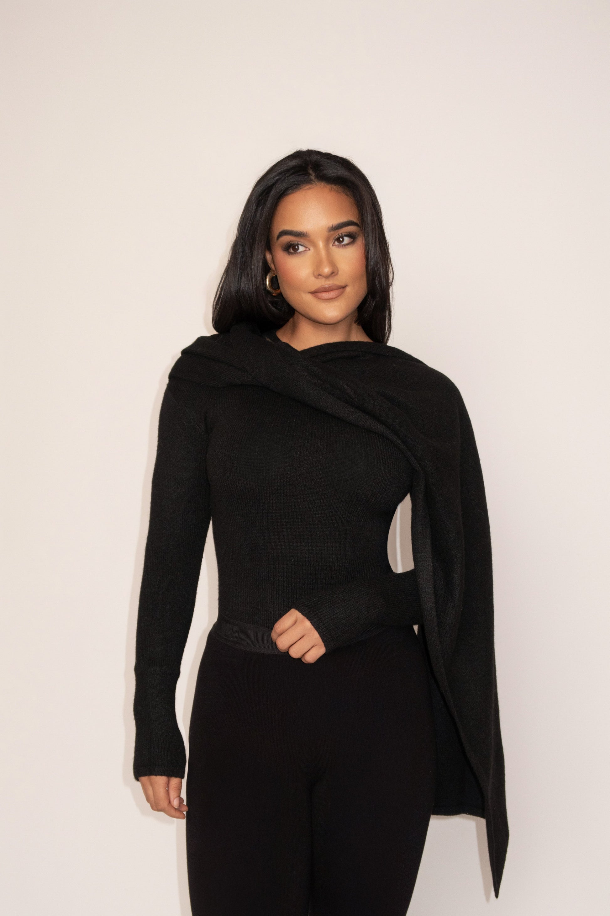 Black Ribbed Scarf Top JLUXLABEL
