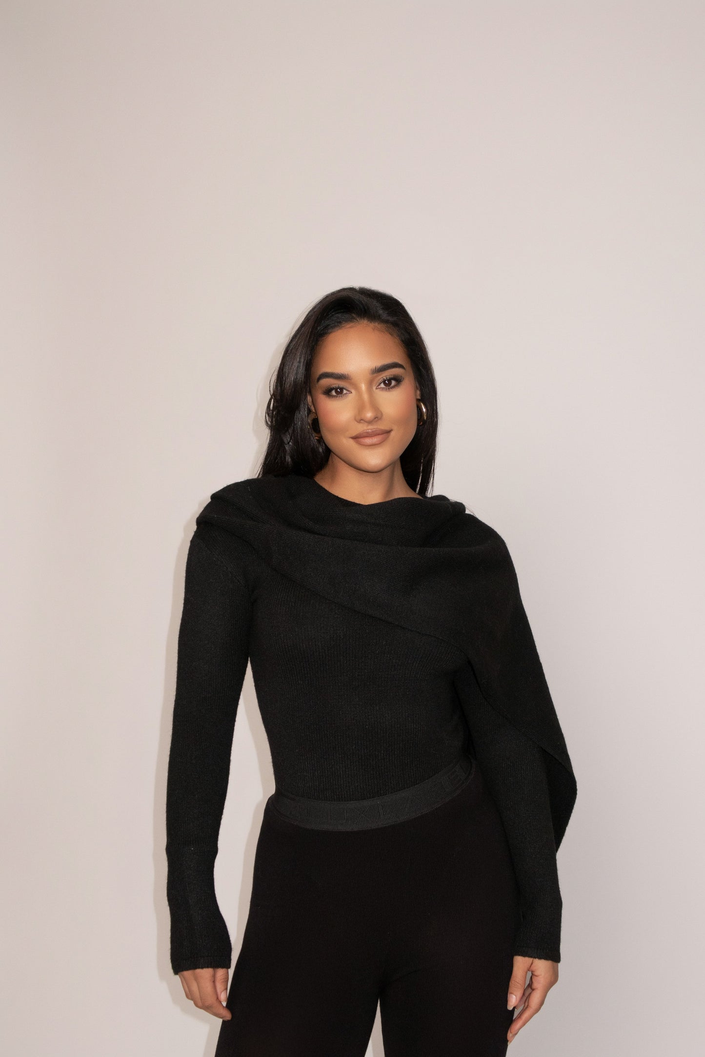 Black Ribbed Scarf Top JLUXLABEL