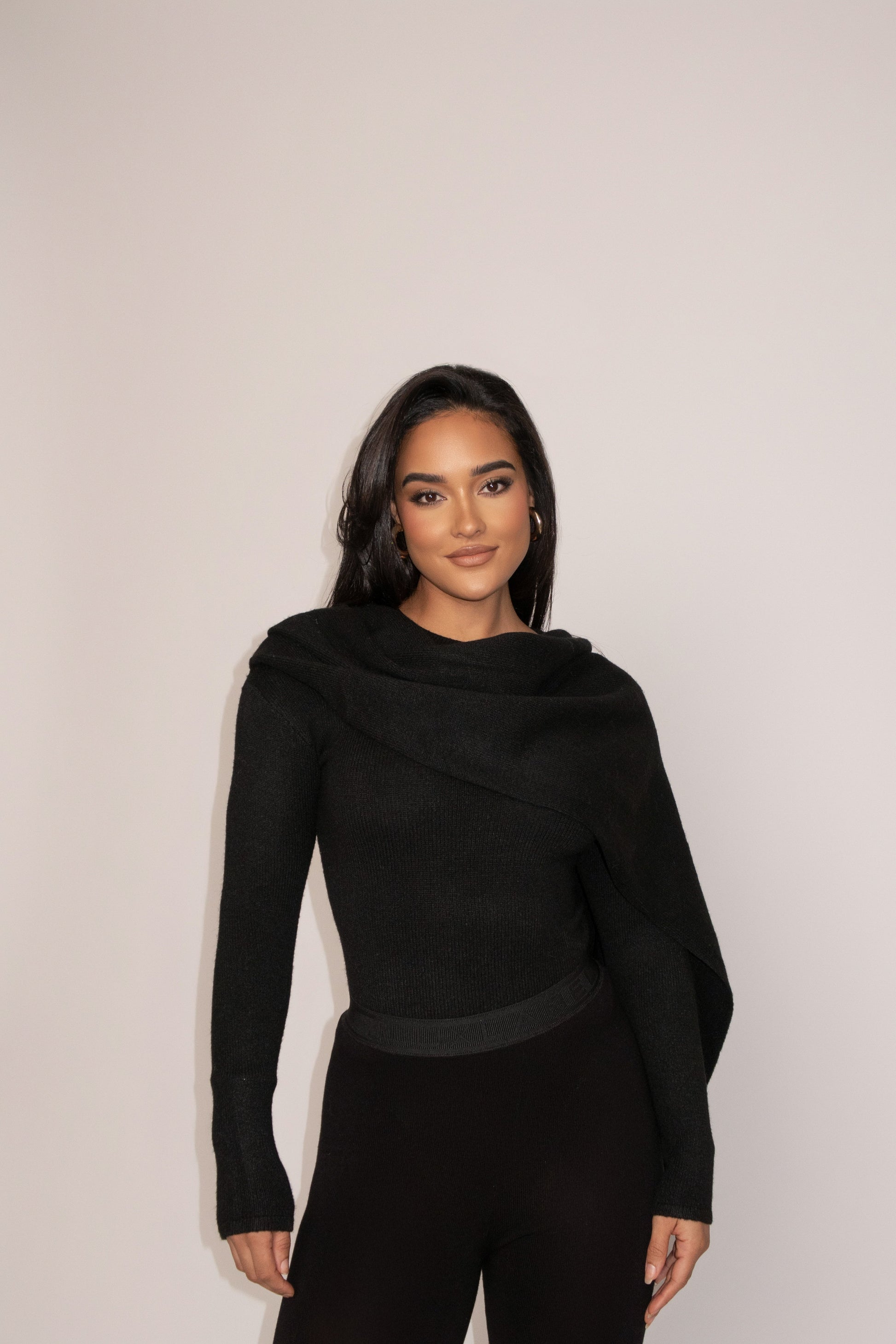 Black Ribbed Scarf Top JLUXLABEL
