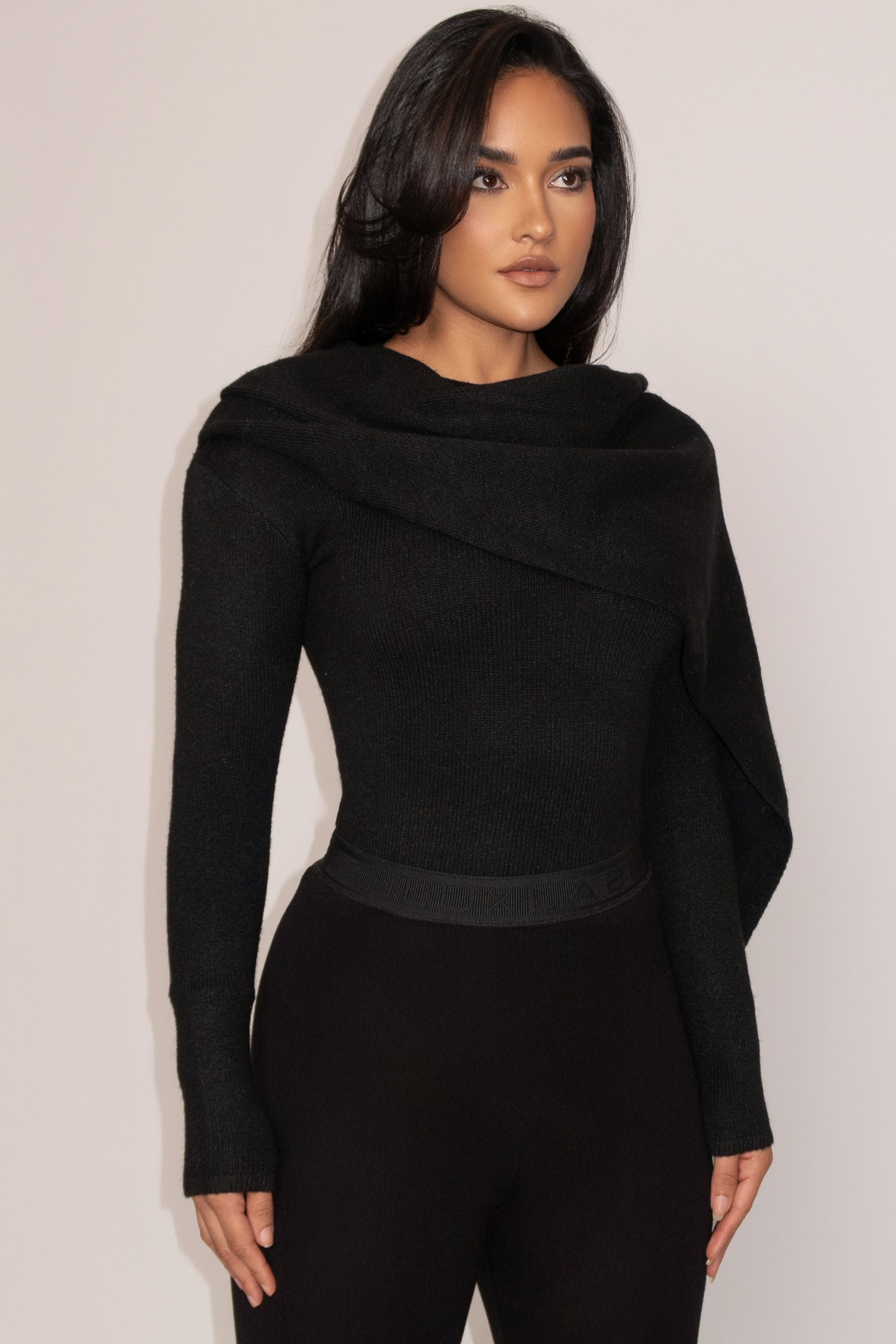 Black Ribbed Scarf Top JLUXLABEL