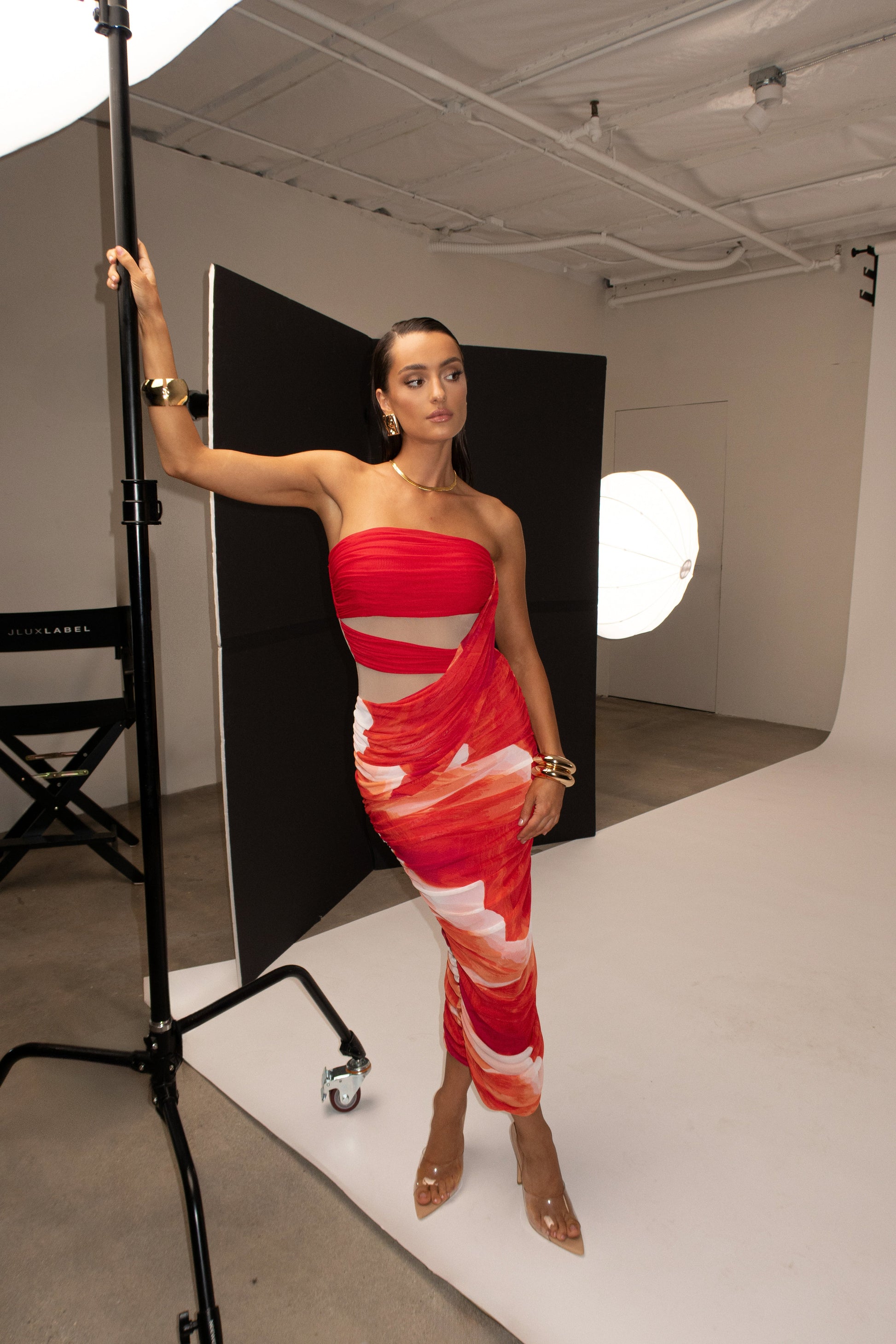 Sunset Red Timeless Form Ruched Midi Dress JLUXLABEL