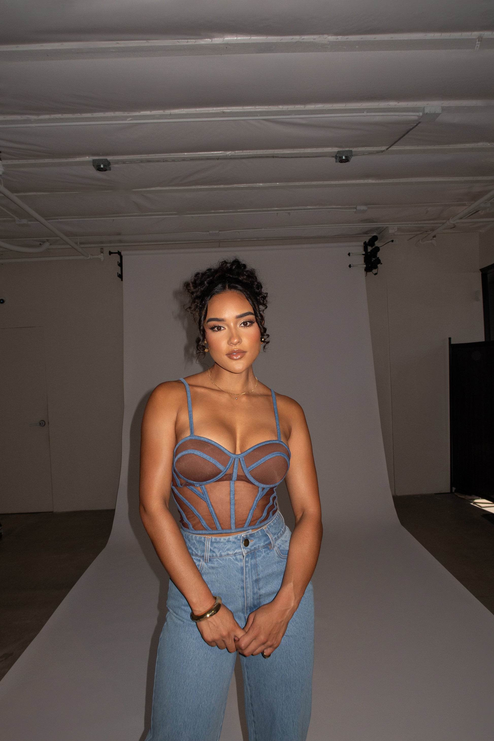 Dark Denim Illusion Mesh Bustier JLUXLABEL