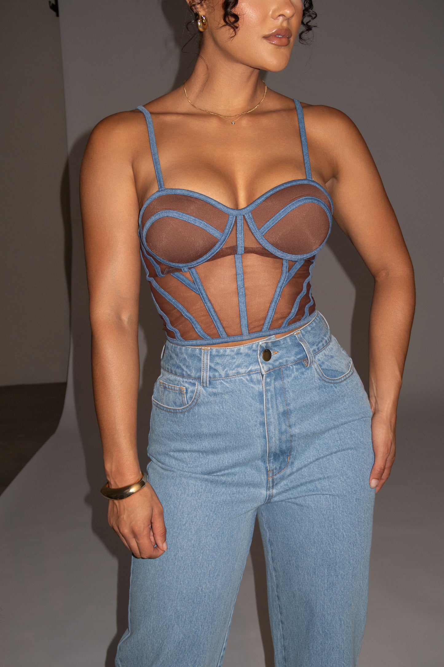 Dark Denim Illusion Mesh Bustier JLUXLABEL