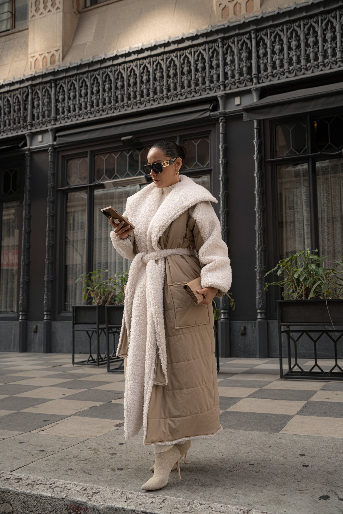Beige/Ivory Contrast Sherpa Coat JLUXLABEL