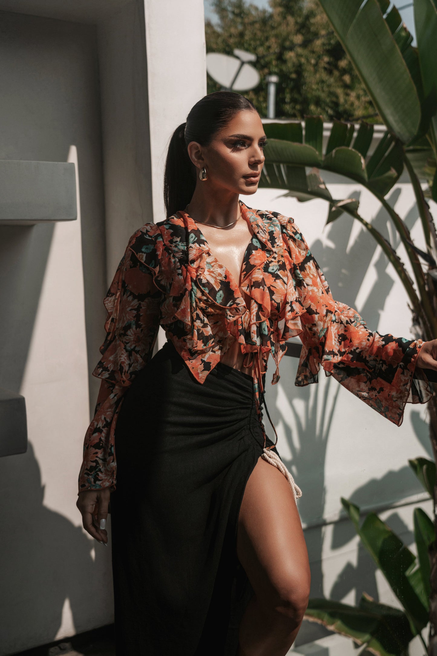 Black Floral Yvanna Ruffle Top JLUXLABEL