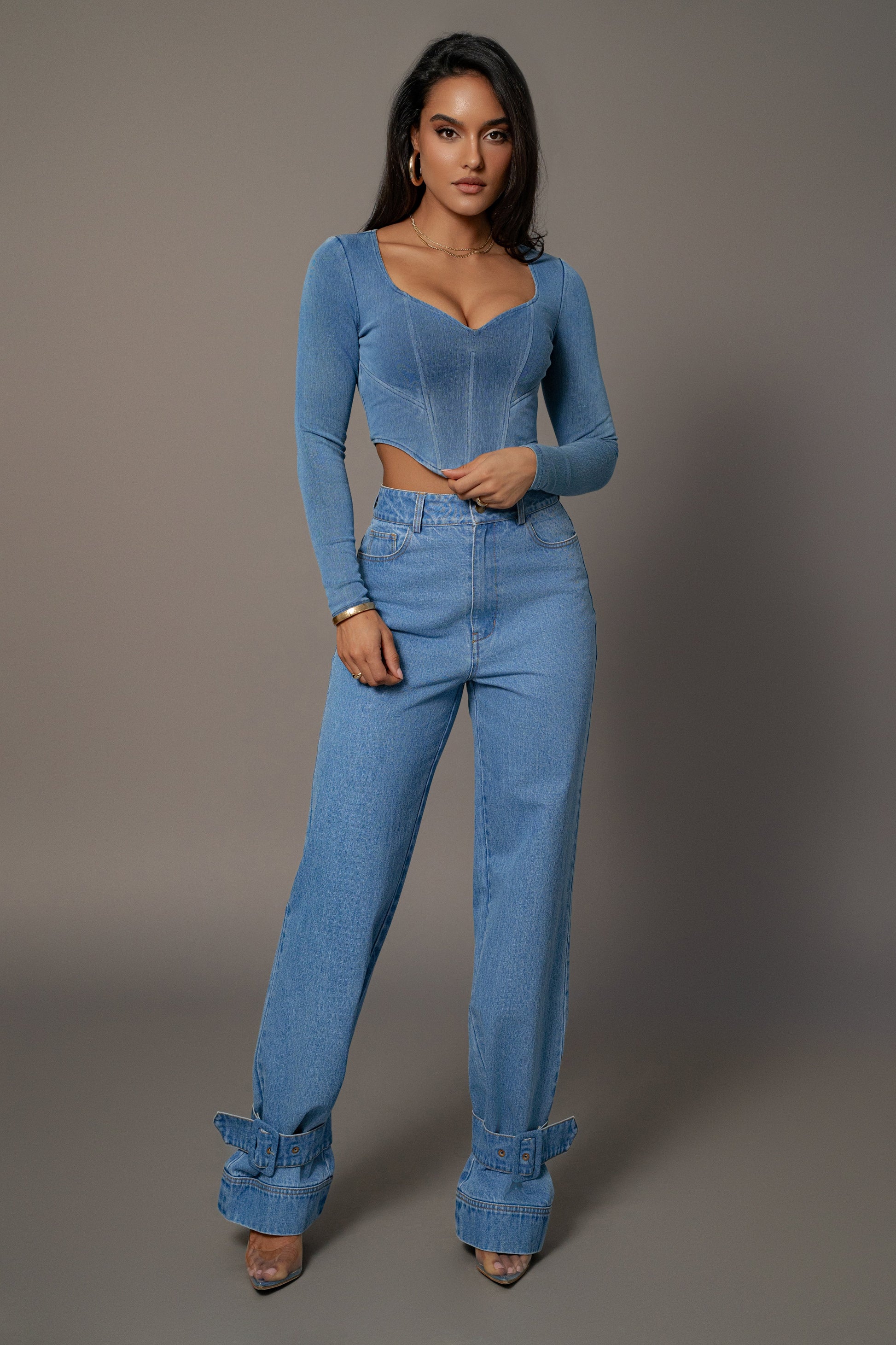 Medium Wash Tesa Sweetheart Denim Top JLUXLABEL