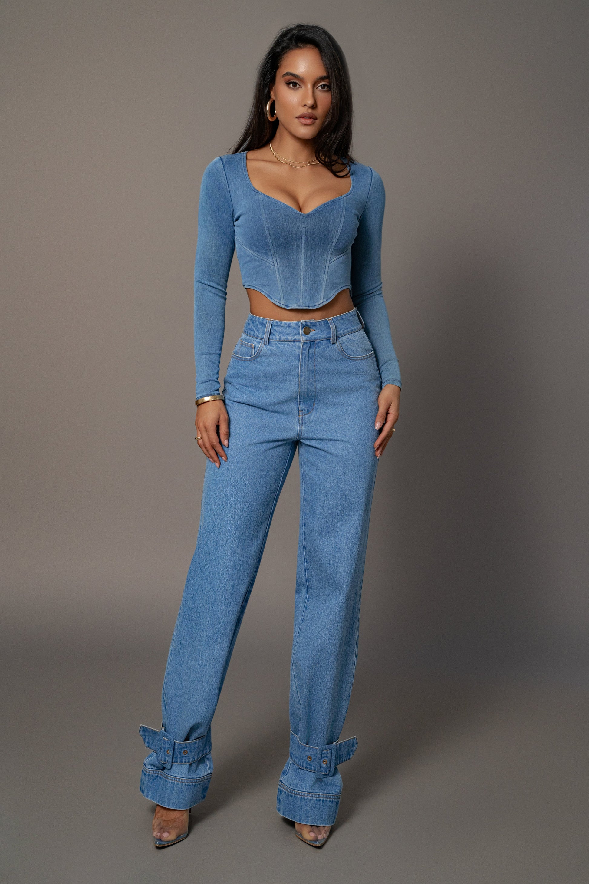 Medium Wash Tesa Sweetheart Denim Top JLUXLABEL