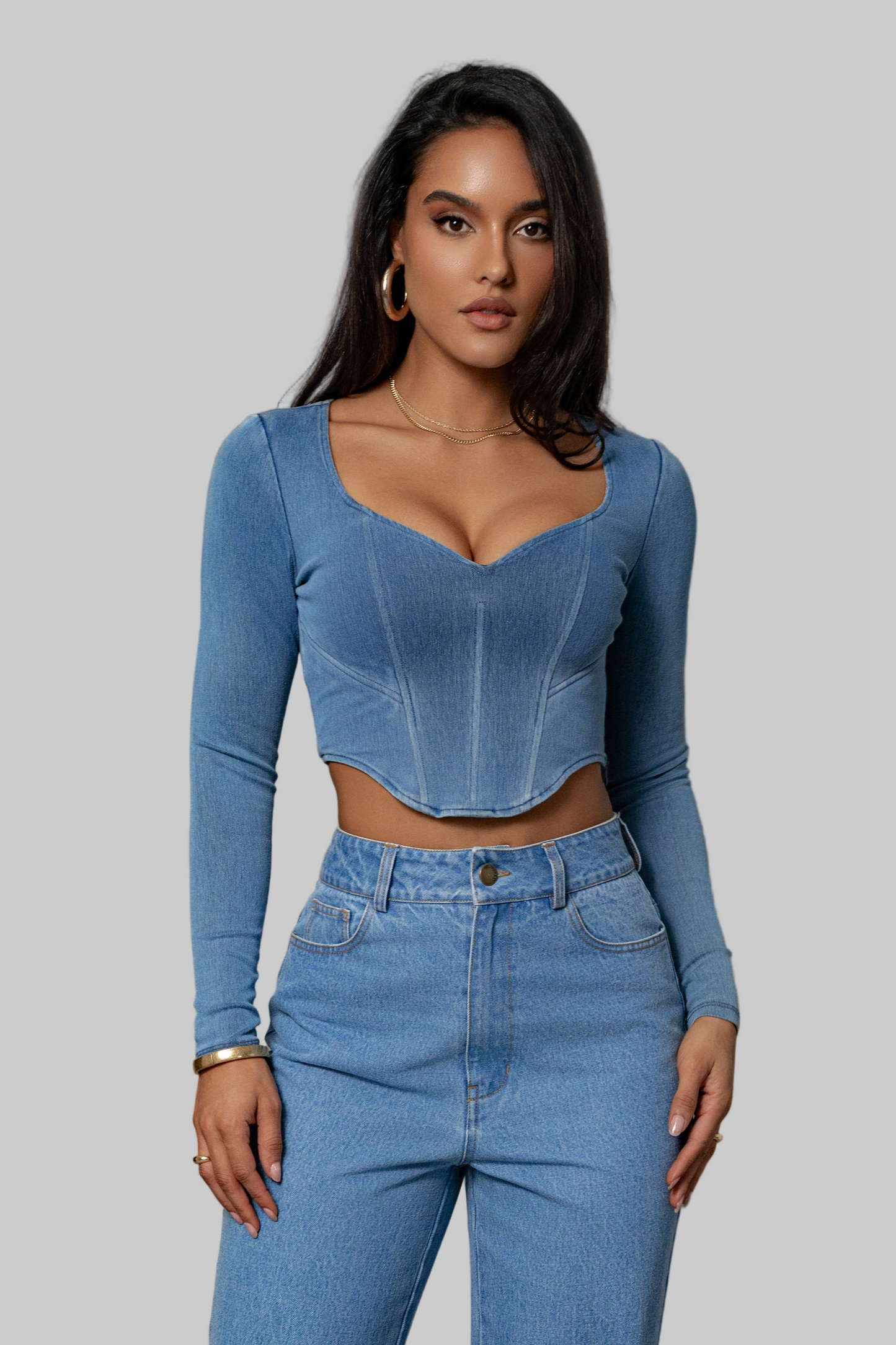 Medium Wash Tesa Sweetheart Denim Top JLUXLABEL