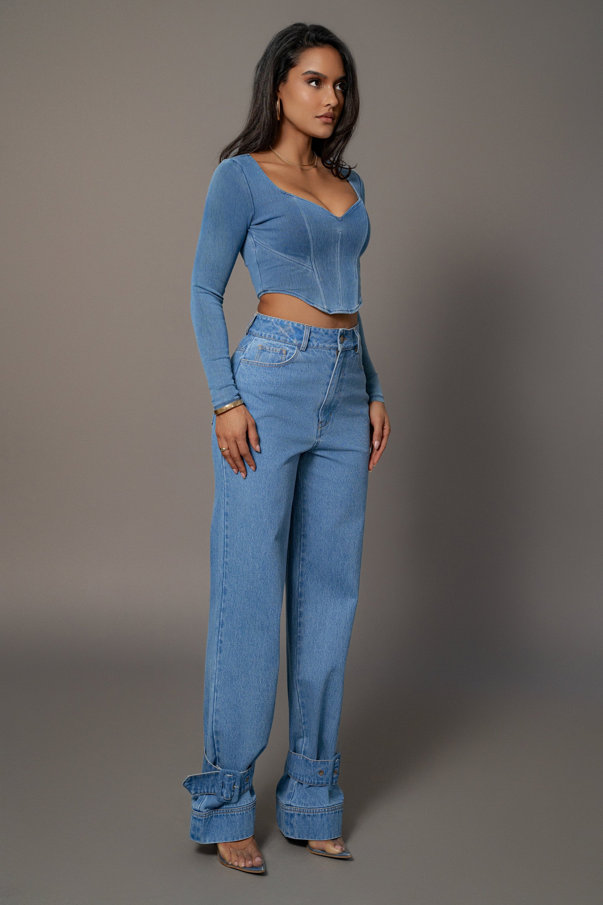 Medium Wash Tesa Sweetheart Denim Top JLUXLABEL